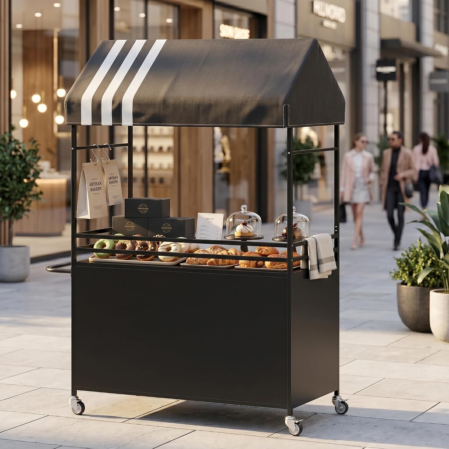 Portable Vendor Cart with Canopy, Mobile Food Display Stand with Lockable Wheels, Mobile Food Carts for Sale, Portable Food Display Stand for Market, Street Food & Events (Black)