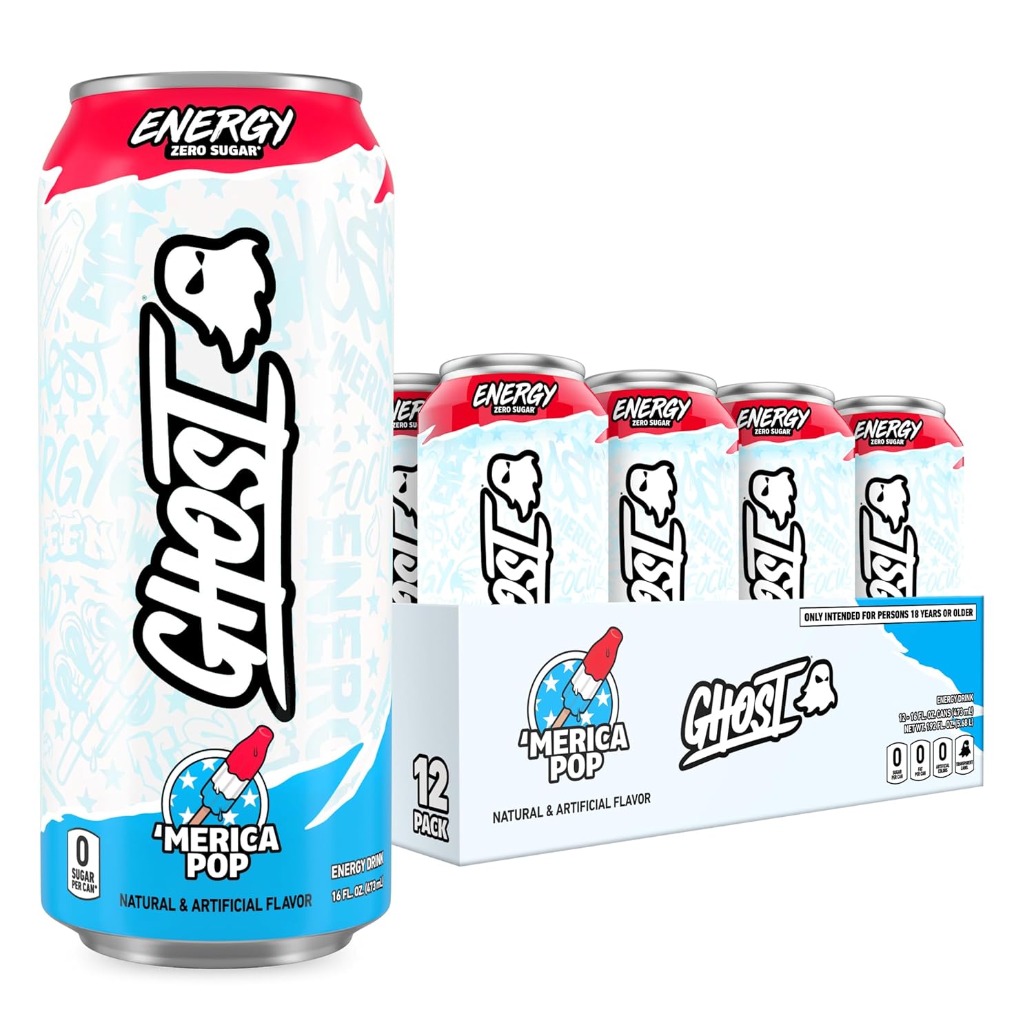 GHOST Energy Drink - 12-Pack, 'Merica Pop, 16oz Cans - Energy & Focus & No Artificial Colors - 200mg of Natural Caffeine, L-Carnitine & Taurine - Gluten-Free & Vegan