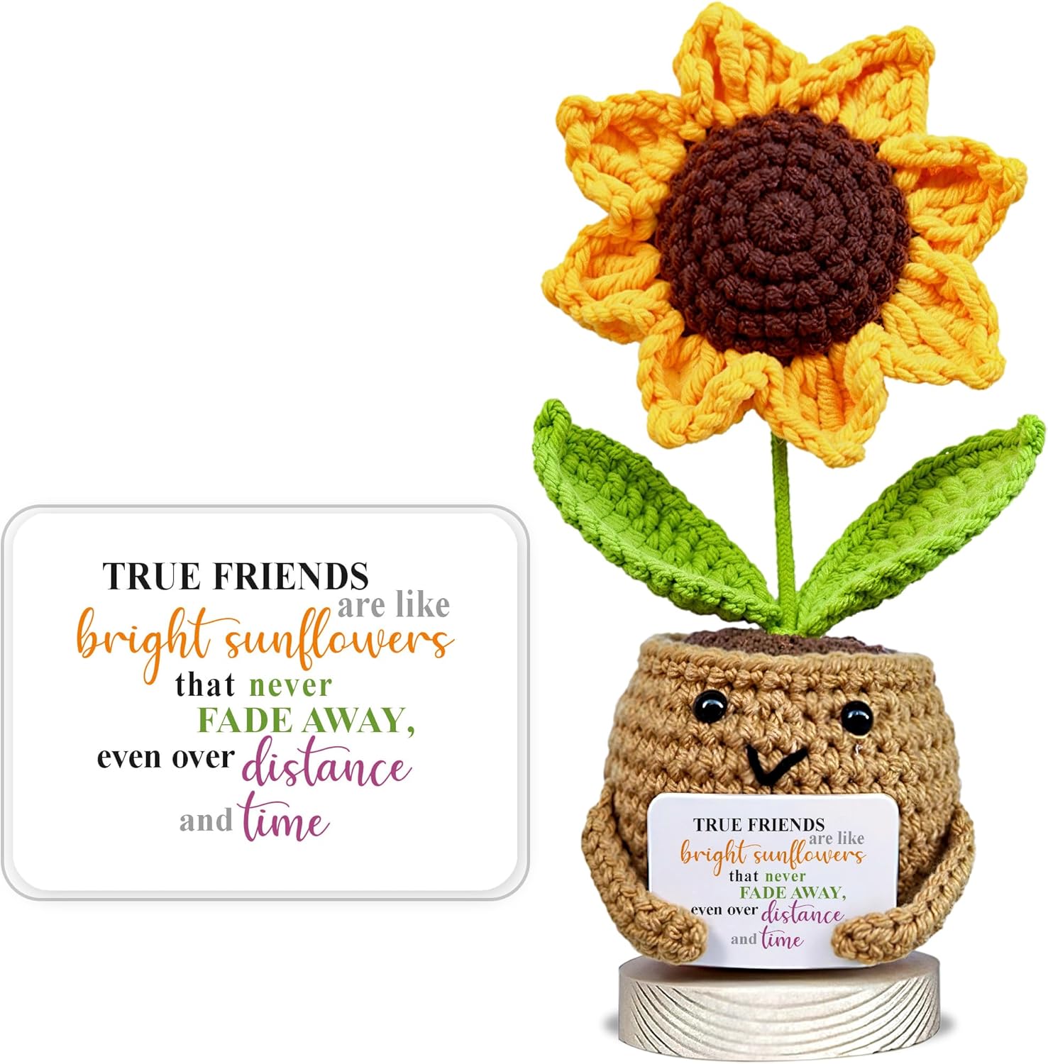 Handmade Positive Sunflower Crochet Doll for Women with True Friends Are Like Bright Sunflowers Card - Cute Decorative Friendship Gifts for Birthday