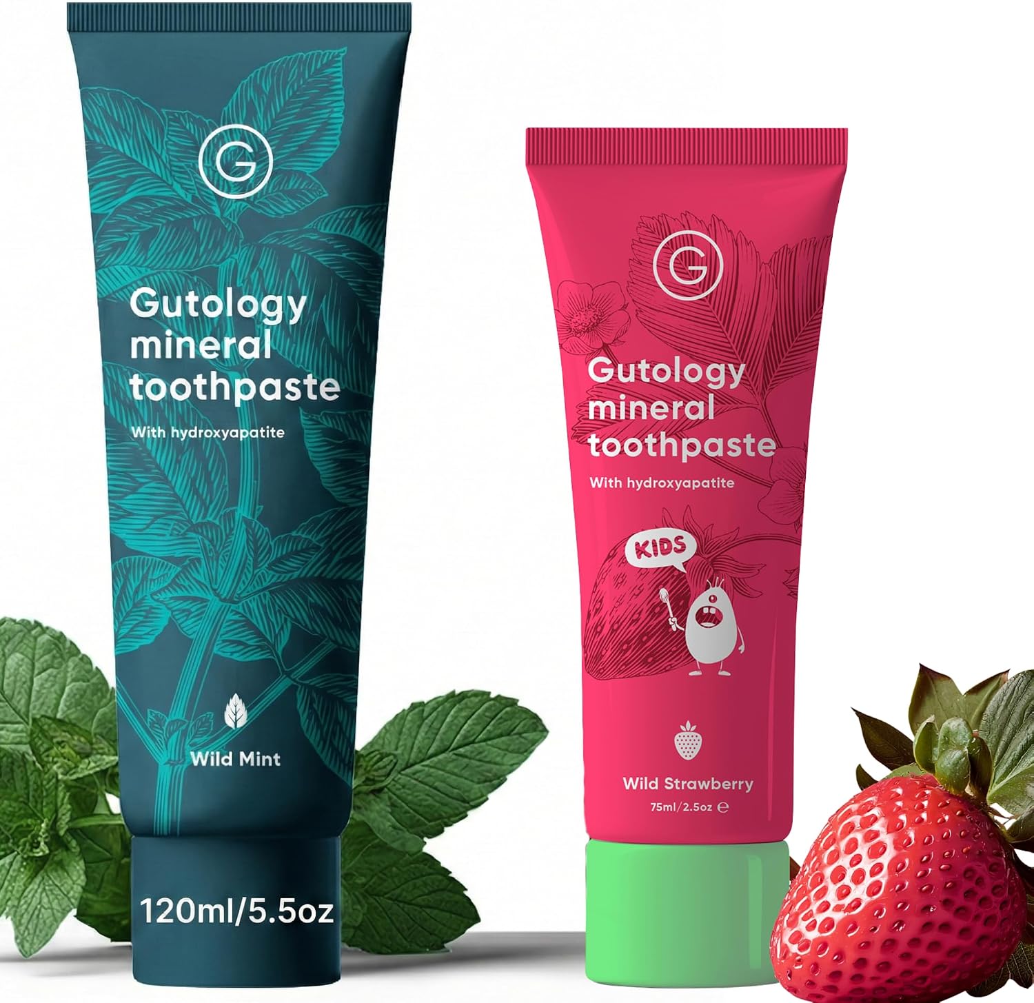 Gutology Kids & Adult Toothpaste Bundle, 120ml Mint & 75ml Strawberry