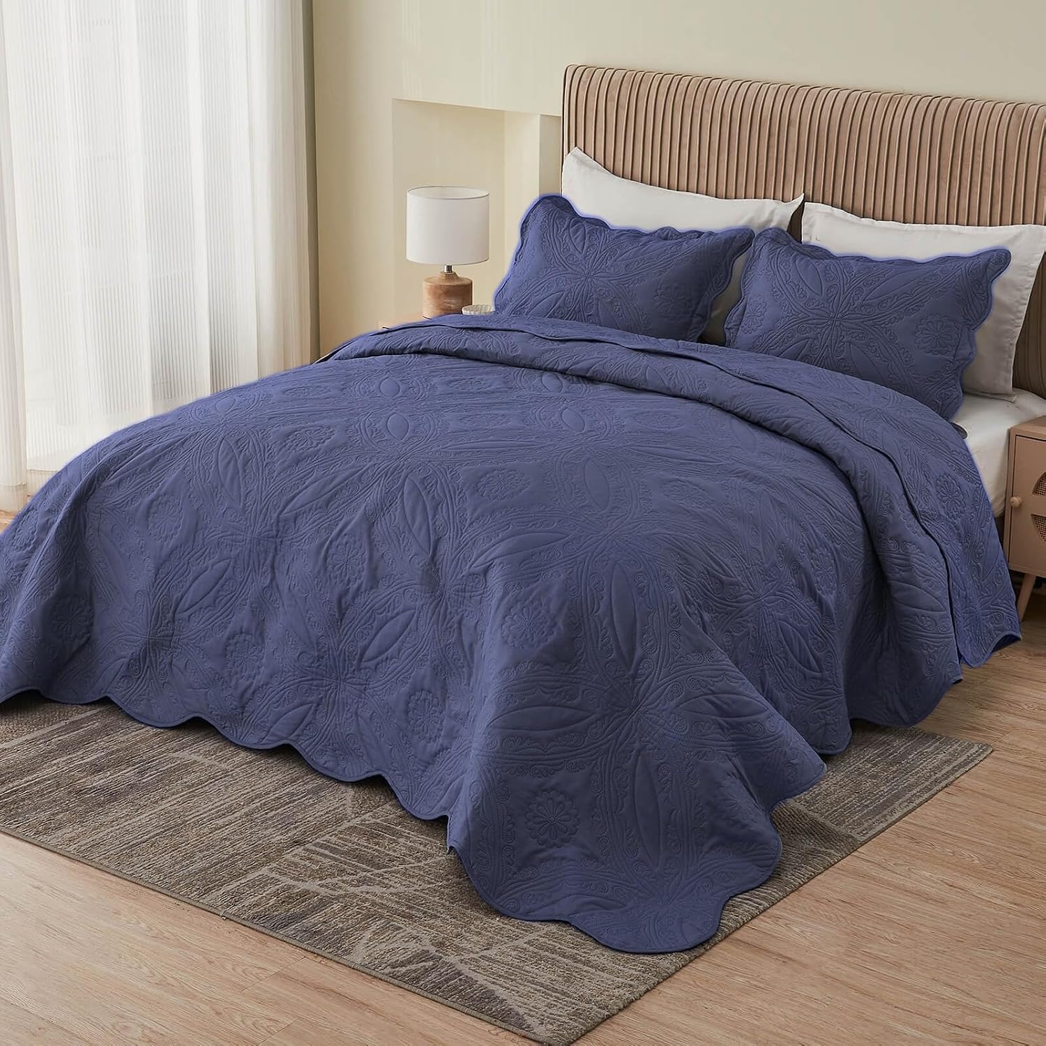 Kingnex Oversized King Bedspreads 128x120 for Extra Wide Tall King or Cal King Bed Ultrasonic Quilted Coverlet Set 3 Piece Include 1 Quilt 2 Pillowcases Patriot Blue