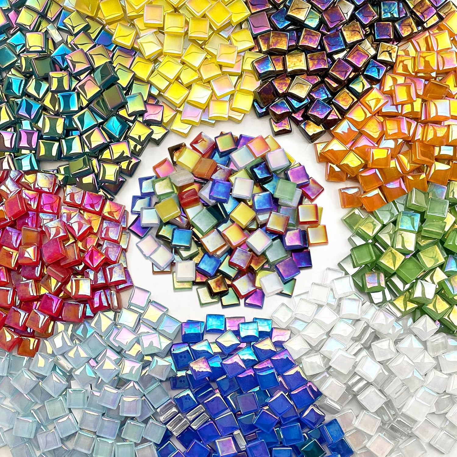 LITMIND 1100pcs Iridescent Mix Crystal Glass Mosaic Tiles – 0.4 Inch Square Bulk Mosaic Supplies for Crafts & DIY Projects