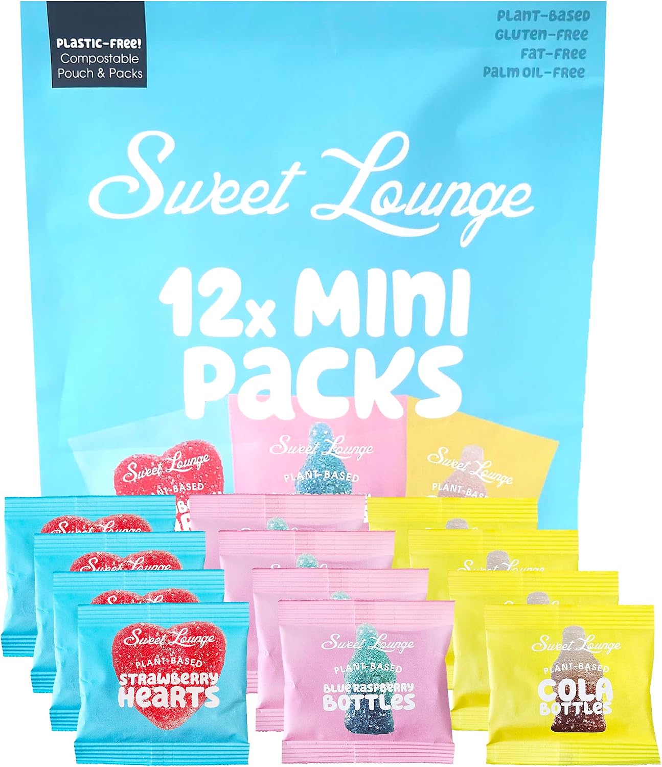 Vegan Fizzy Sweets – 12x Mini Packs by Sweet Lounge | Plant-Based Gummy Mix (Strawberry, Cola, Raspberry) | Plastic-Free, Gluten-Free, On-the-Go Treats – 12x25g