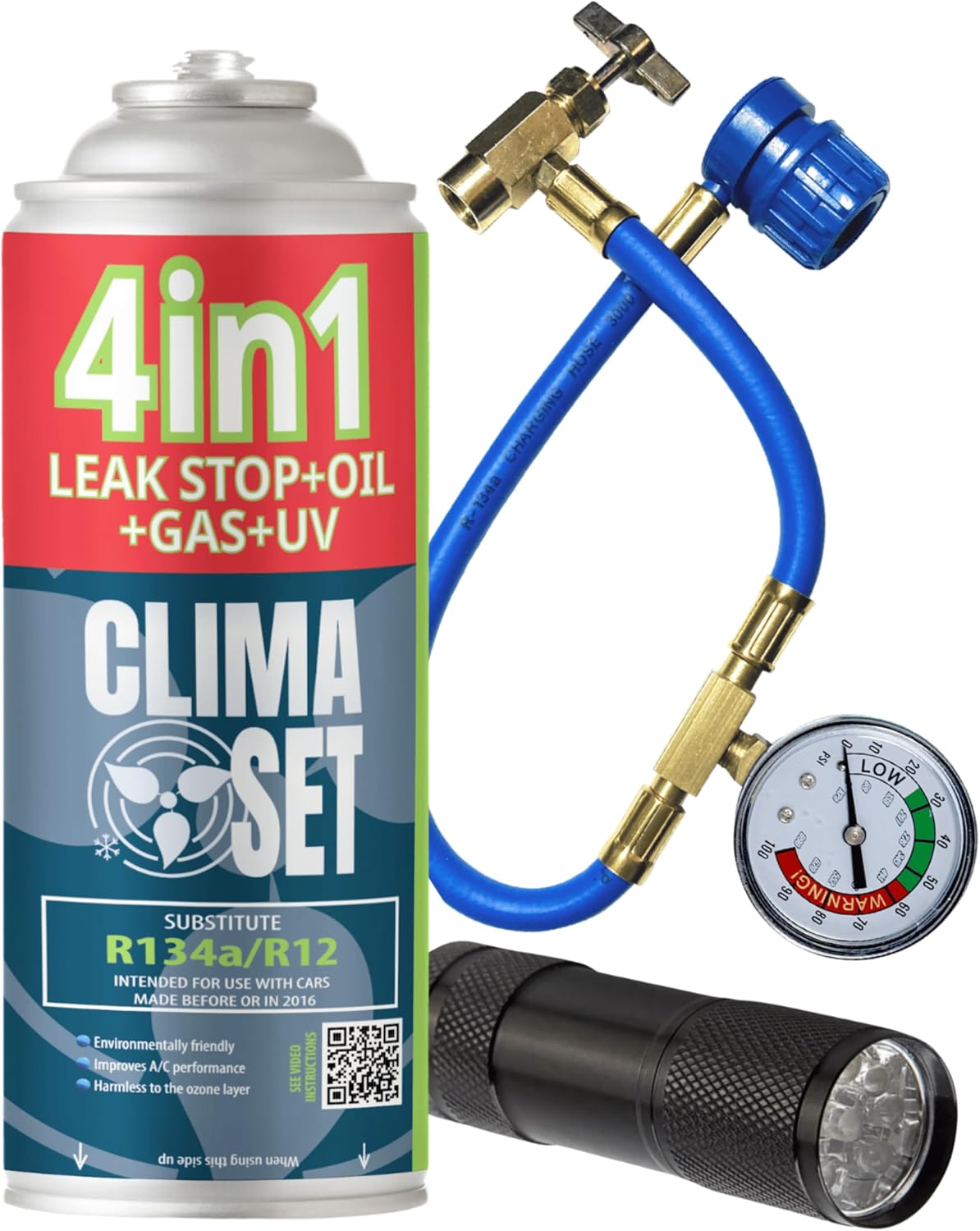 CLIMASET - Full KIT AC R134a 4in1, Gas Replacement, For cars 1994-2016 - Air conditioning solution, Standalone application - Complete set - Sealant, UV Colorant, Refrigerant - with Cable and UV Lamp