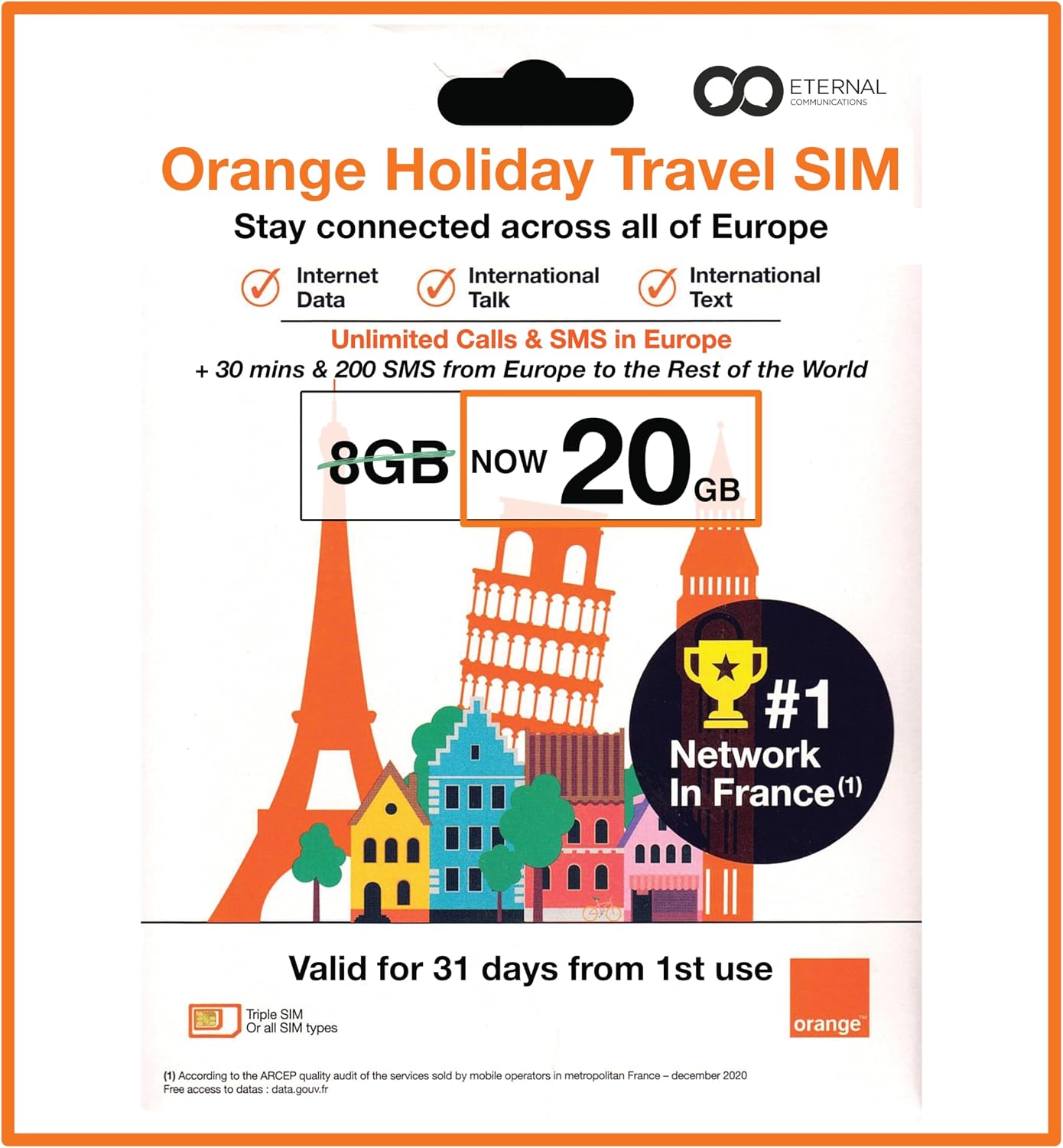 Preloaded Orange Travel Sim Card Now with 20GB of 4G Data, Unlimited Calls & SMS in Europe, 30 mins & 200 SMS from Europe to Worldwide (Lasts for 31 Days). Tethering Allowed
