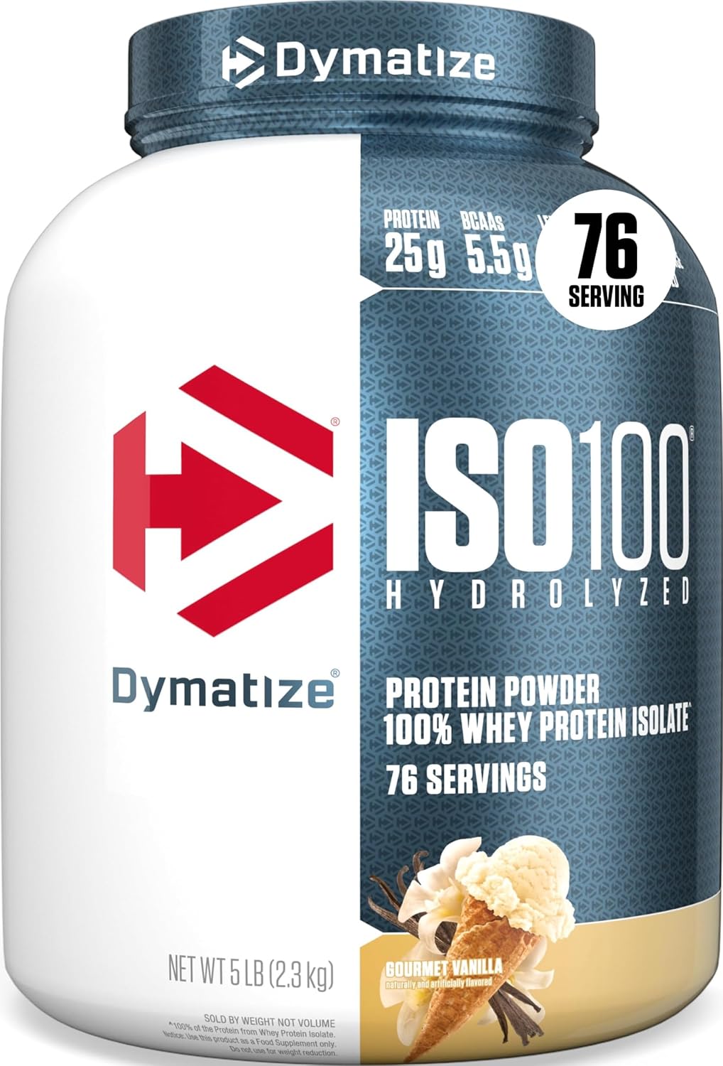 Dymatize ISO100 Protein Powder, 100% Whey Isolate, Gourmet Vanilla | 25g Protein, Hydrolyzed, Fast-Absorbing, Supports Muscle Health, 5.5g BCAAs, Gluten-Free, 76 Servings, 5 lb