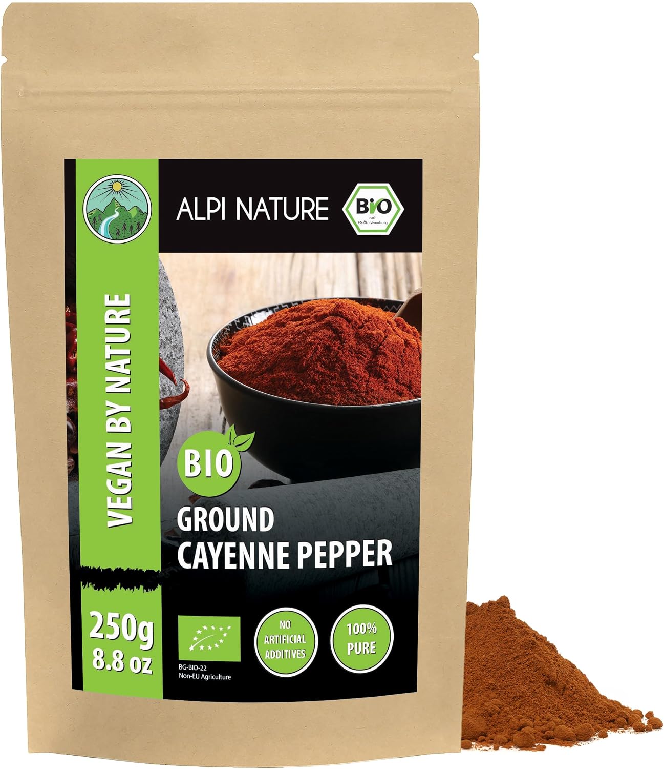 Alpi Nature Organic Cayenne Pepper Powder 250g 8.8 oz, Ground Cayenne Chilli Pepper, Hot Chilli Powder