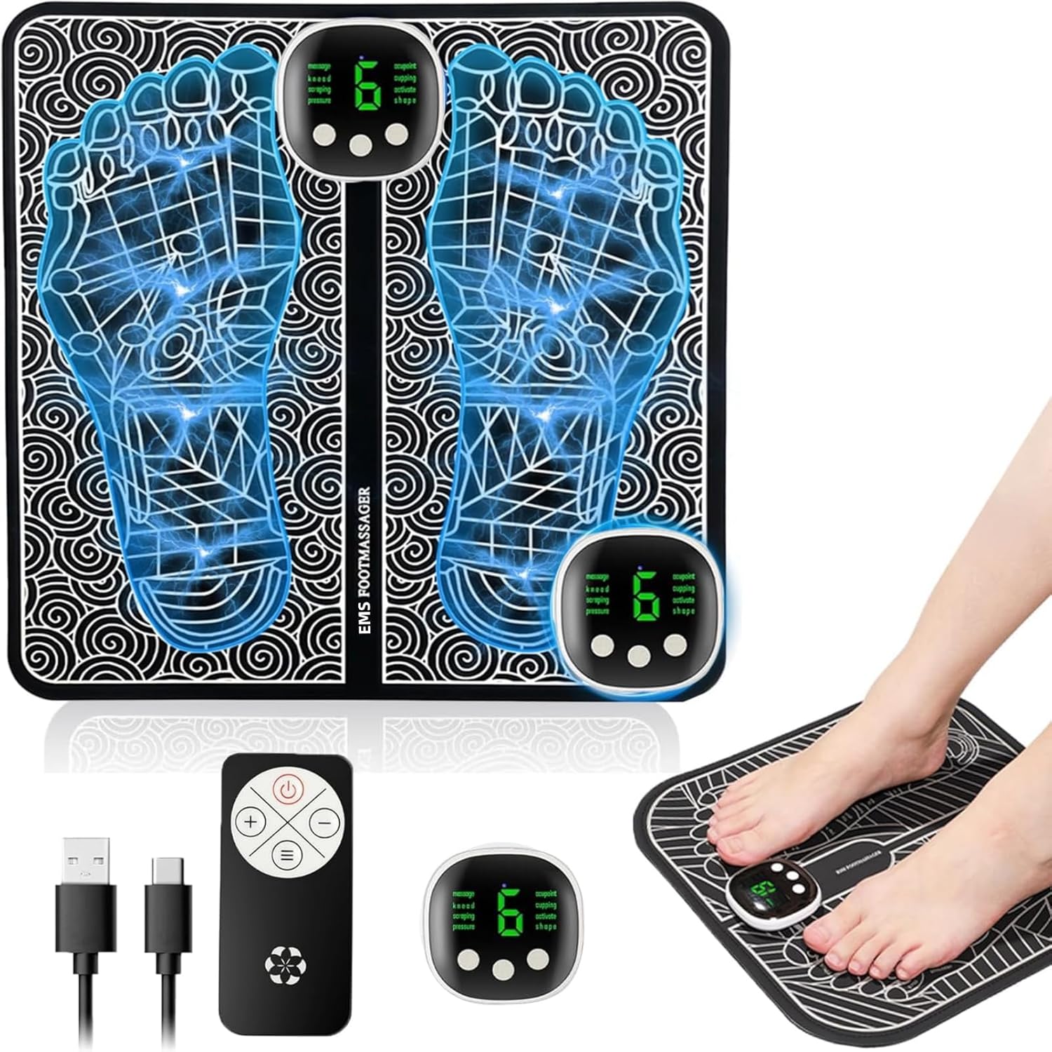 Xipomatre EMS Foot Massager, LCD Display with 8 Modes 19 Intensities, Massagers for Pain Relief and Improve Circulation, Relax Your Foot with Rechargeable Feet Massager