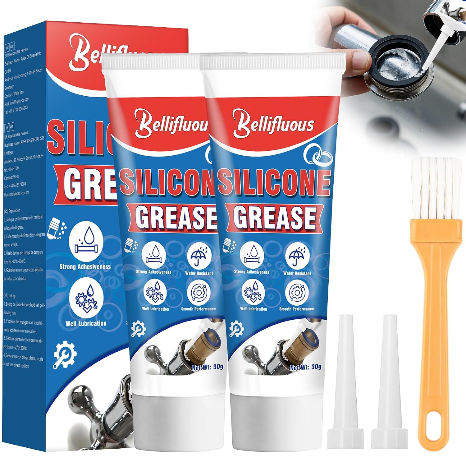 Bellifluous Silicone Grease, 2Pack Silicone Grease for O-Rings, Waterproof Silicones Lubricant Good Heat and Cold Resistance, Silicon Greases for Plumbers Valve Water Purifier Aquarium Faucet