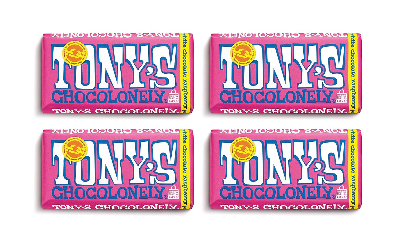 Tony’s Chocolonely Belgian White Chocolate Raspberry Candy Bar With Popping Candy for Snacks, Chocolate Bar for Party Favors, Gifts, 28% Cacao, Made From Quality Fairtrade Cocoa, 4 Bars, 6.35 Oz Each