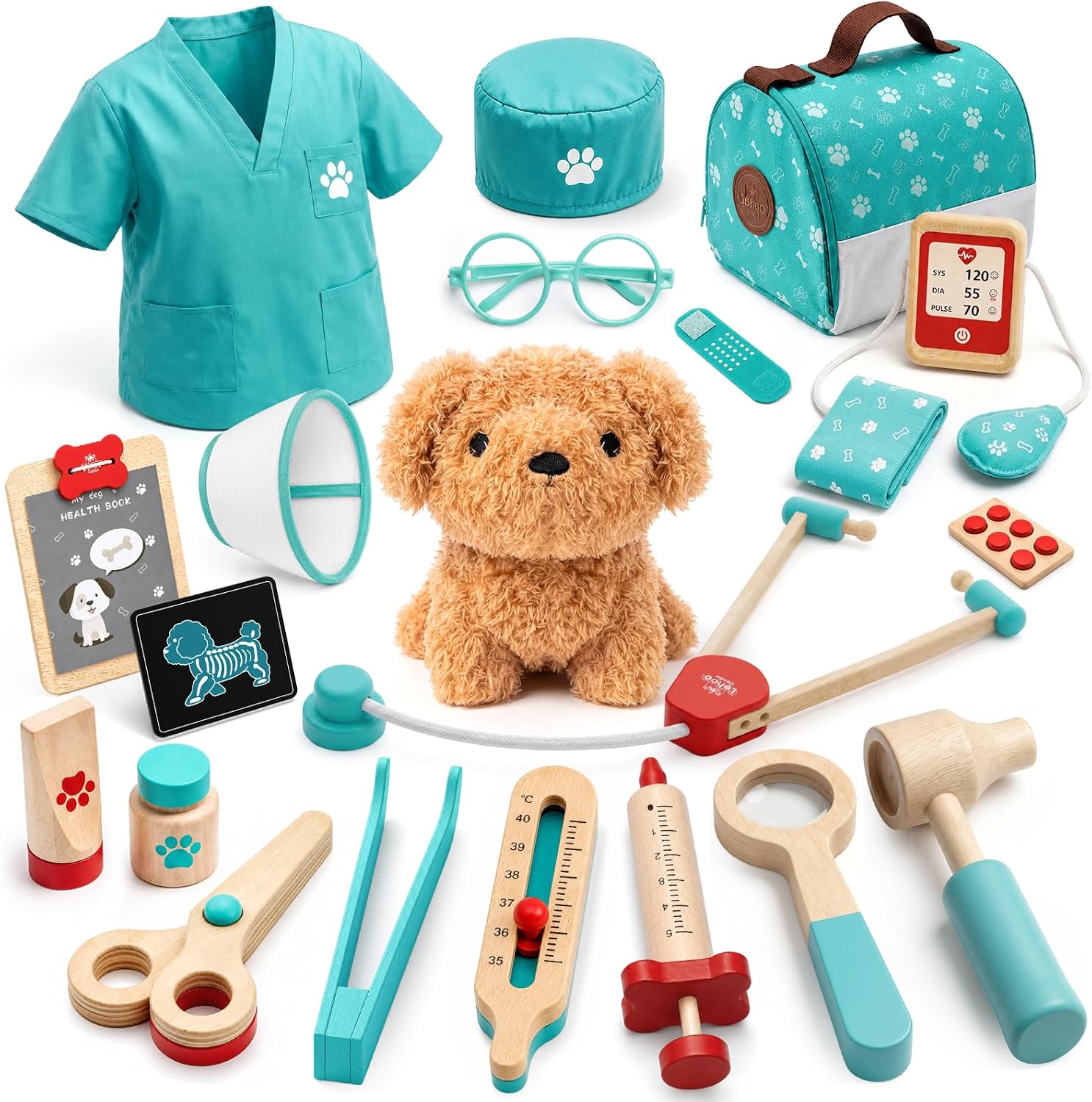 Lehoo Castle Wooden Doctor Kit for Toddlers 3-5, Vet Toys for Kids(Green)