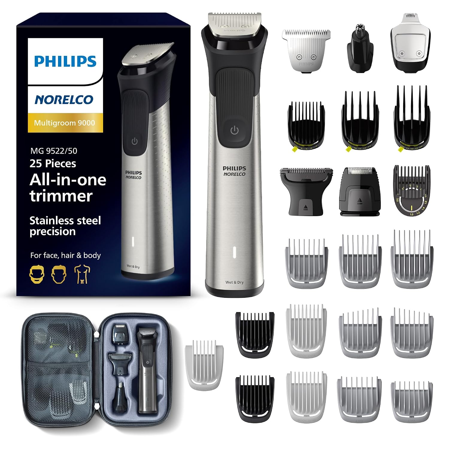 Norelco Philips Multigroom 9000 Series, All-in-One Trimmer, Beard Trimmer and Hair Clipper, 25-Piece/27-Length Men's Grooming Kit for Beard, Face, Nose, Ear and Body, Travel Kit, MG9522/50