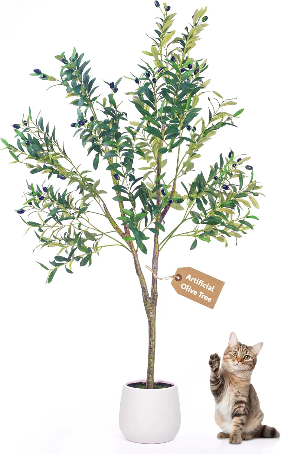 Artificial Olive Tree, 5FT Tall Faux Olive Tree with White Tall Planter, Lifelike Fruits, 60in x 9in (Width x Depth), Perfect for Home Office Decor