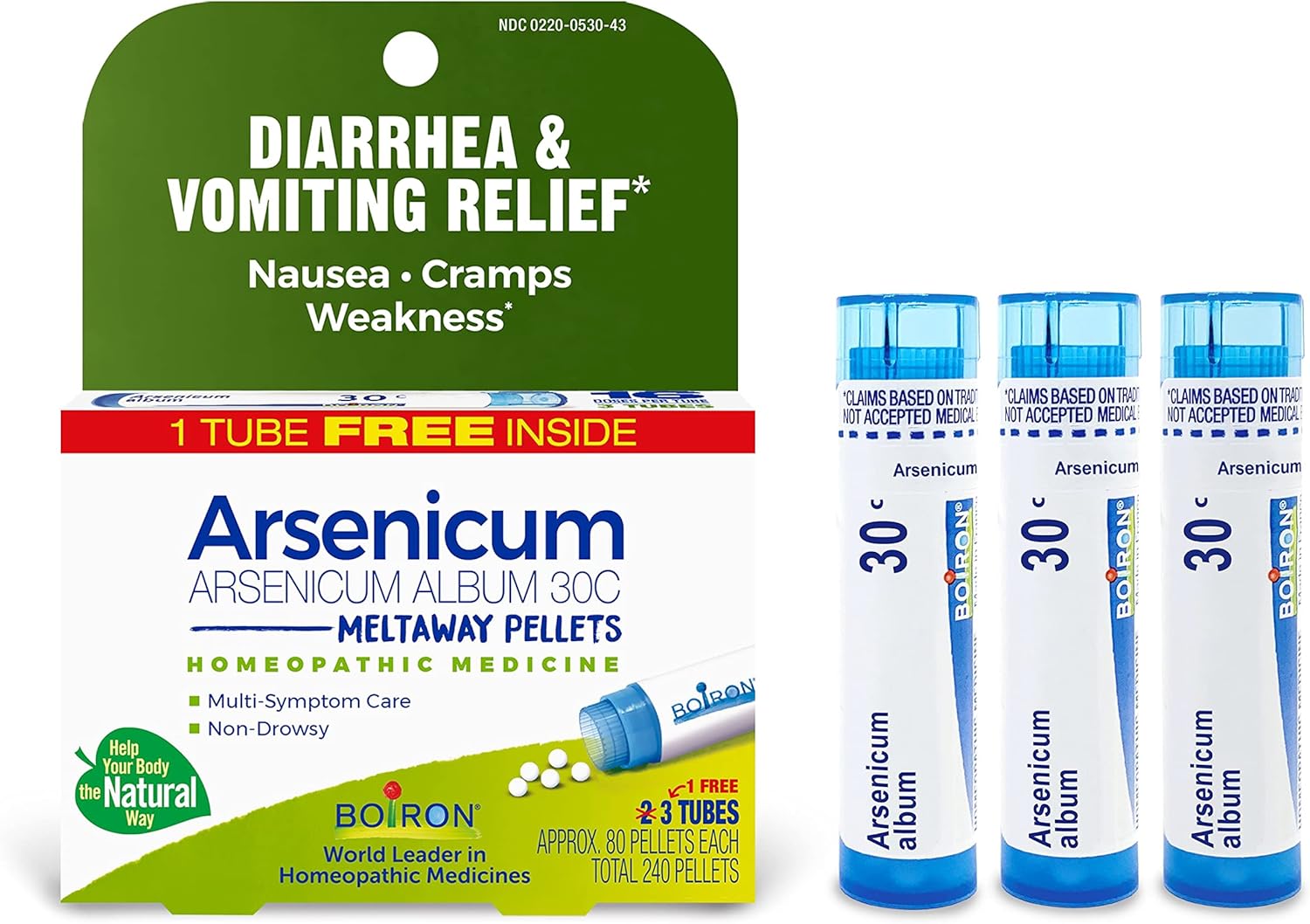 Boiron Arsenicum Album 30C Homeopathic Medicine for Relief from Diarrhea, Nausea, Vomiting, Cramps, and Traveler's Diarrhea - 3 Count (240 Pellets)