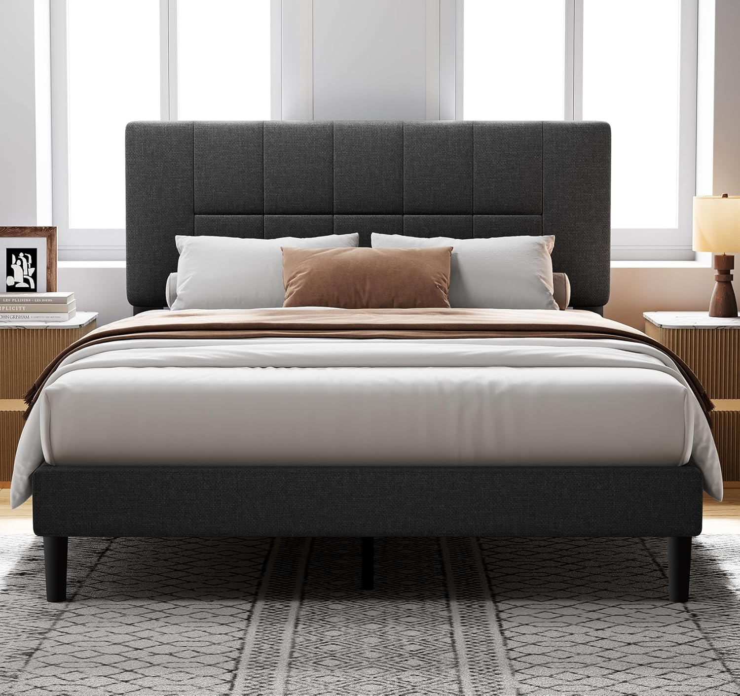 Pipishell Queen Bed Frame with 12 Thickened Legs&Fabric Upholstered Headboard,1300 lbs Strong Weight Capacity, Adjustable Headboard, No Box Spring Needed, Easy Assembly, Underbed Storage（Solid Wooden）