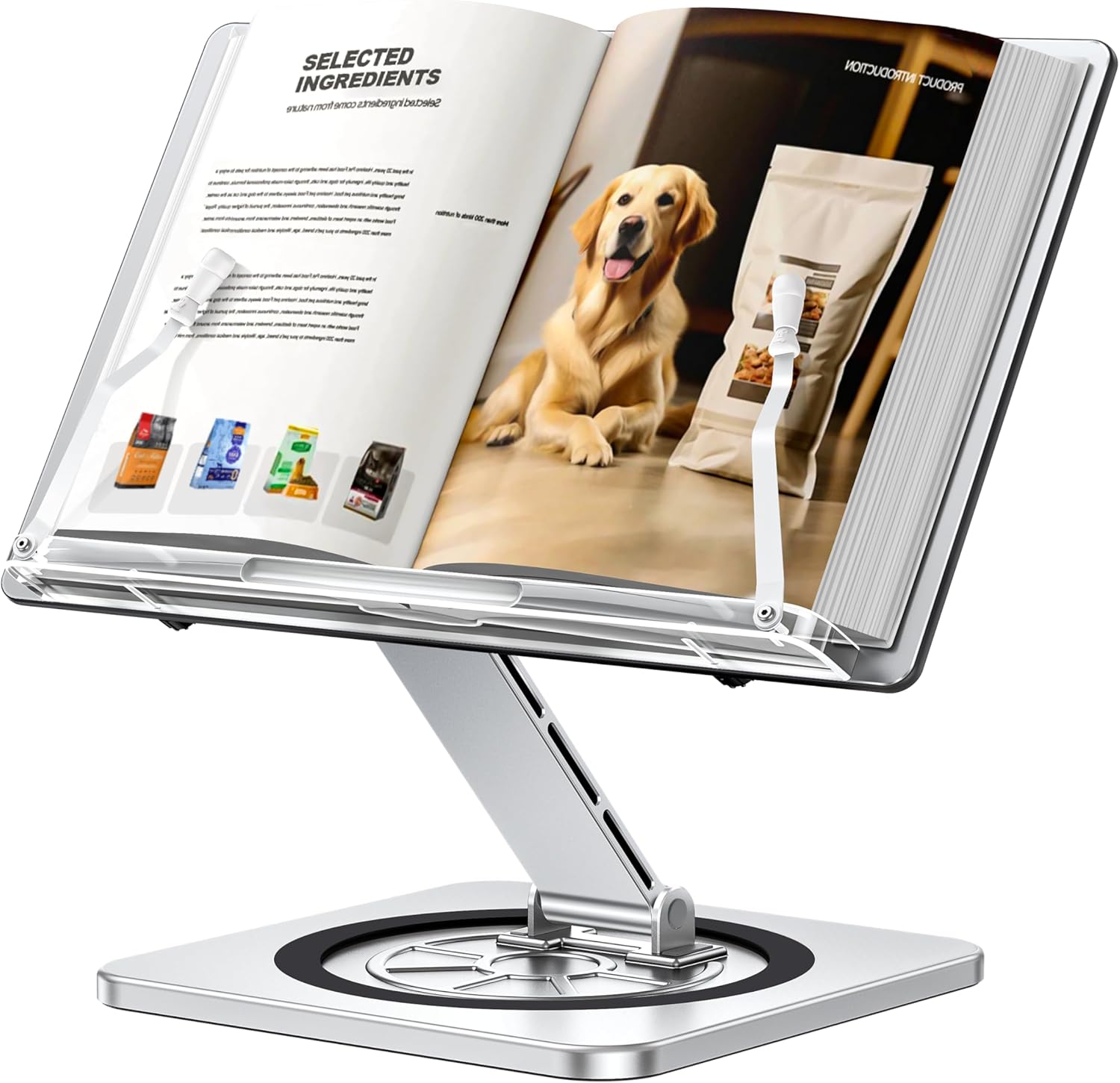 Aluminium Exterior Book Stand for Reading, Book Holder with 360° Swivel Base & Elastic Page Clips, Adjustable Cookbook Stand for Kitchen Counter, Recipe/Textbook/Music Scores Stand for Desk