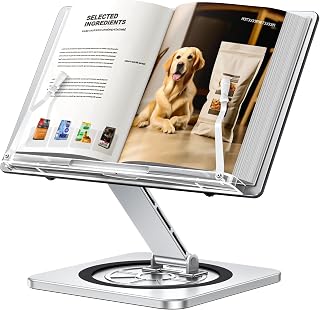 Aluminium Exterior Book Stand for Reading, Book Holder with 360° Swivel Base & Elastic Page Clips, Adjustable Cookbook Stand for Kitchen Counter, Recipe/Textbook/Music Scores Stand for Desk