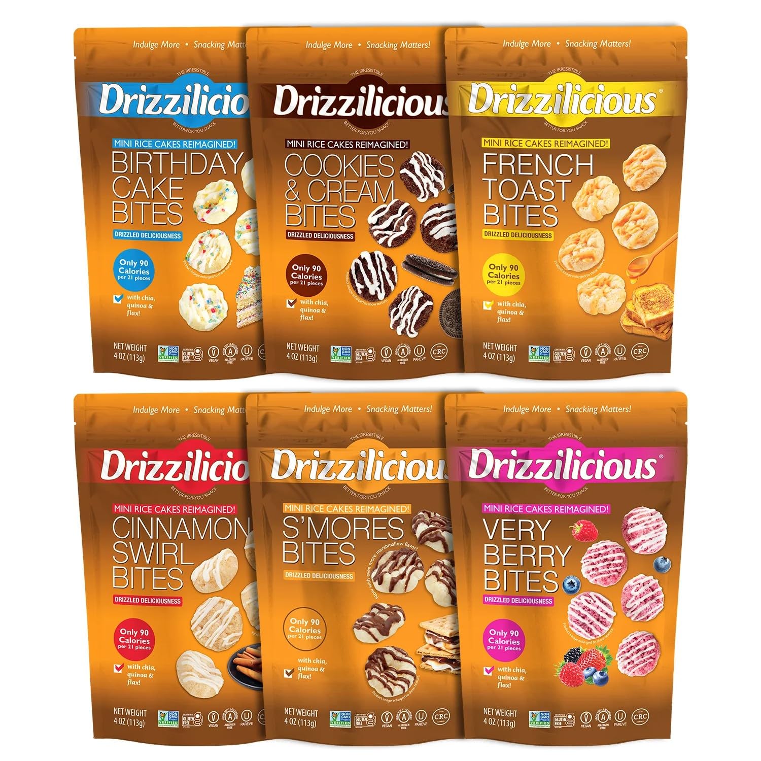 Drizzilicious Mini Flavored Rice Cakes - Rice Crisps, Healthy Snack for Adults and Kids, Vegan, Gluten Free Snack, 90 Calories Per 21 Pieces - Ultimate Variety Pack, 4 oz (Pack of 6)