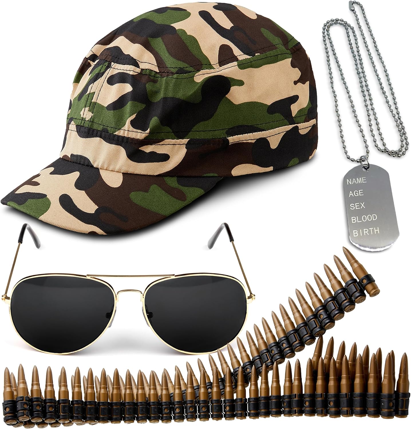 4pc Army Costume Accessories - Bullet Belt, Army Hat, Dog Tags, Fancy Dress