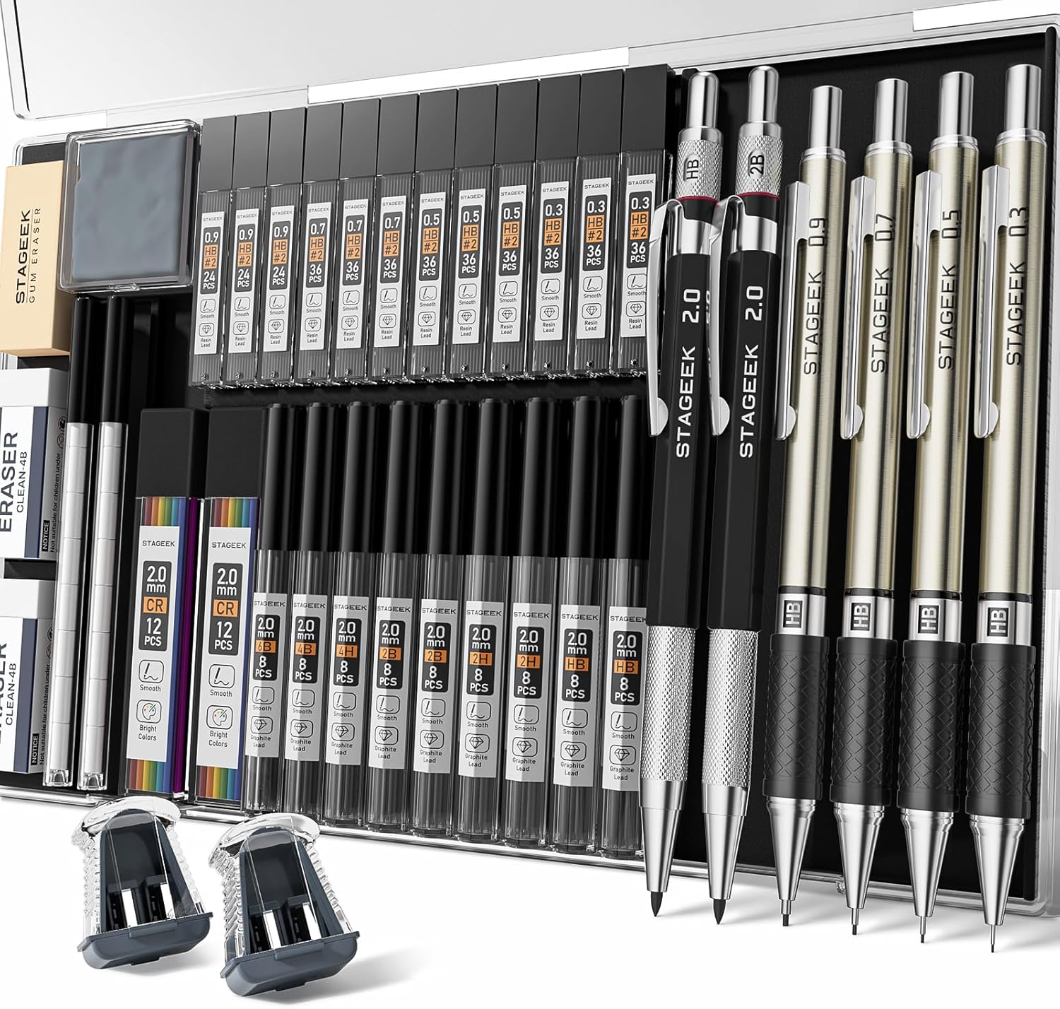 6PCS Art Mechanical Pencil Set, Drafting Pencil 5 Sizes- 0.3, 0.5, 0.7, 0.9MM & 2PCS 2.0MM Mechanical Drawing Pencils with 492PCS Leads (6B 4B 2B HB 2H 4H Color) for Artist Sketching Drawing
