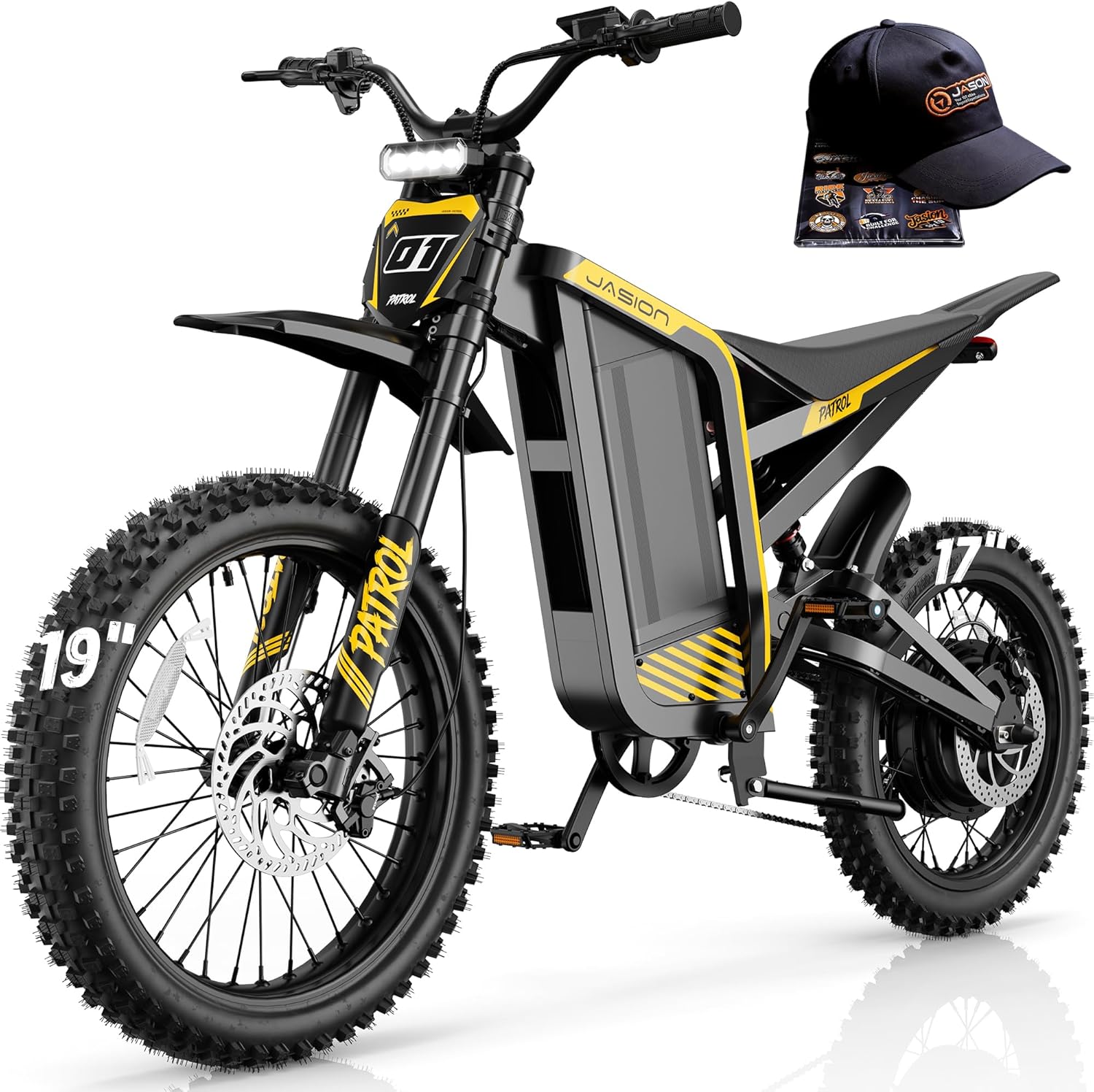 Jasion Patrol Electric Dirt Bike for Adults&Teens,4000W Peak 40MPH Electric Bike with 52V 30AH 1560Wh Battery E Dirt Bike,50-Mile Range,19''/17''Off-Road Tires,Full Hydraulic Brakes&Dual Suspension