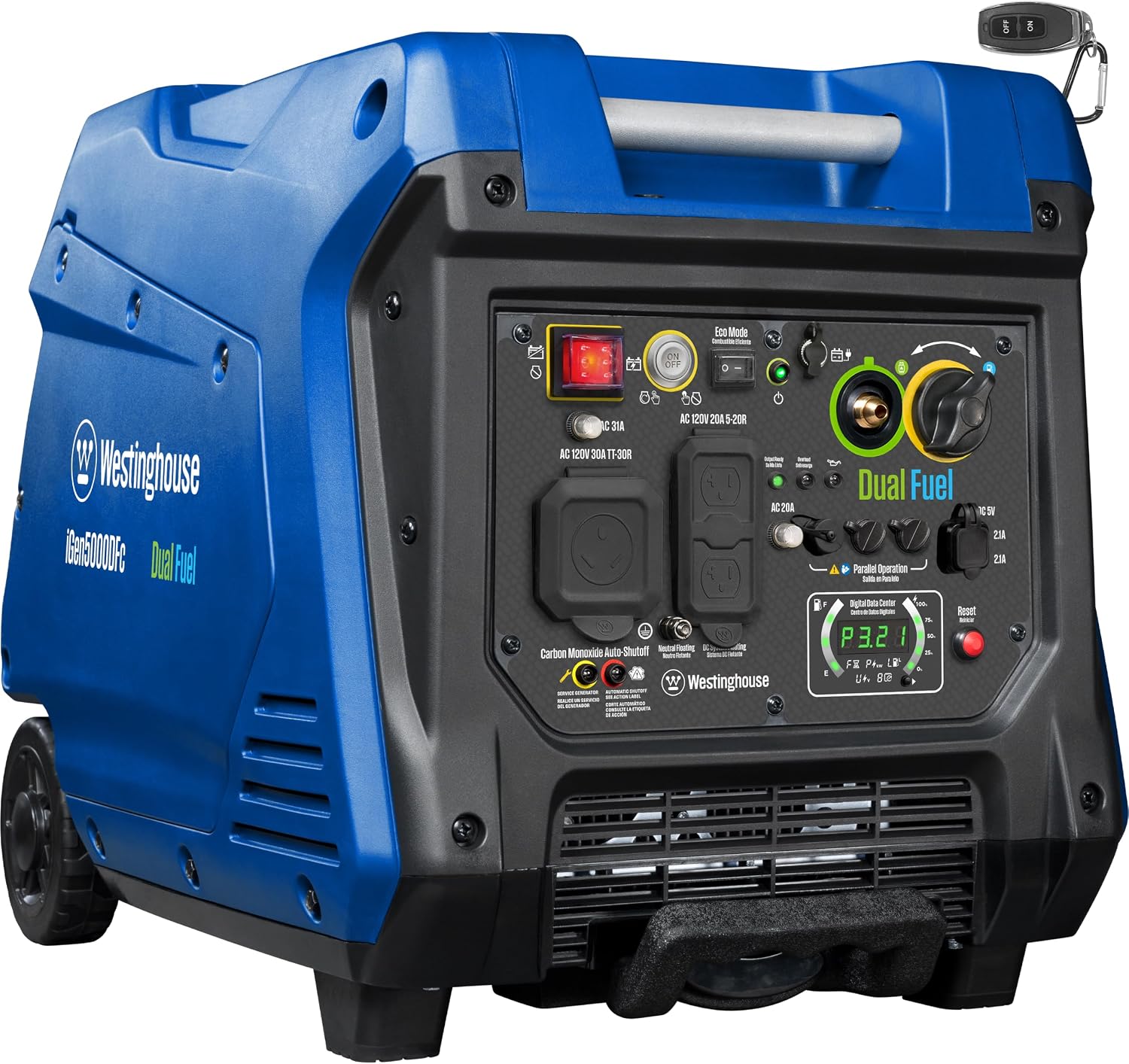 Westinghouse 5000 Peak Watt Super Quiet Dual Fuel Portable Inverter Generator, Remote Electric Start, Gas & Propane Powered, RV Ready, CO Sensor, Parallel Capable