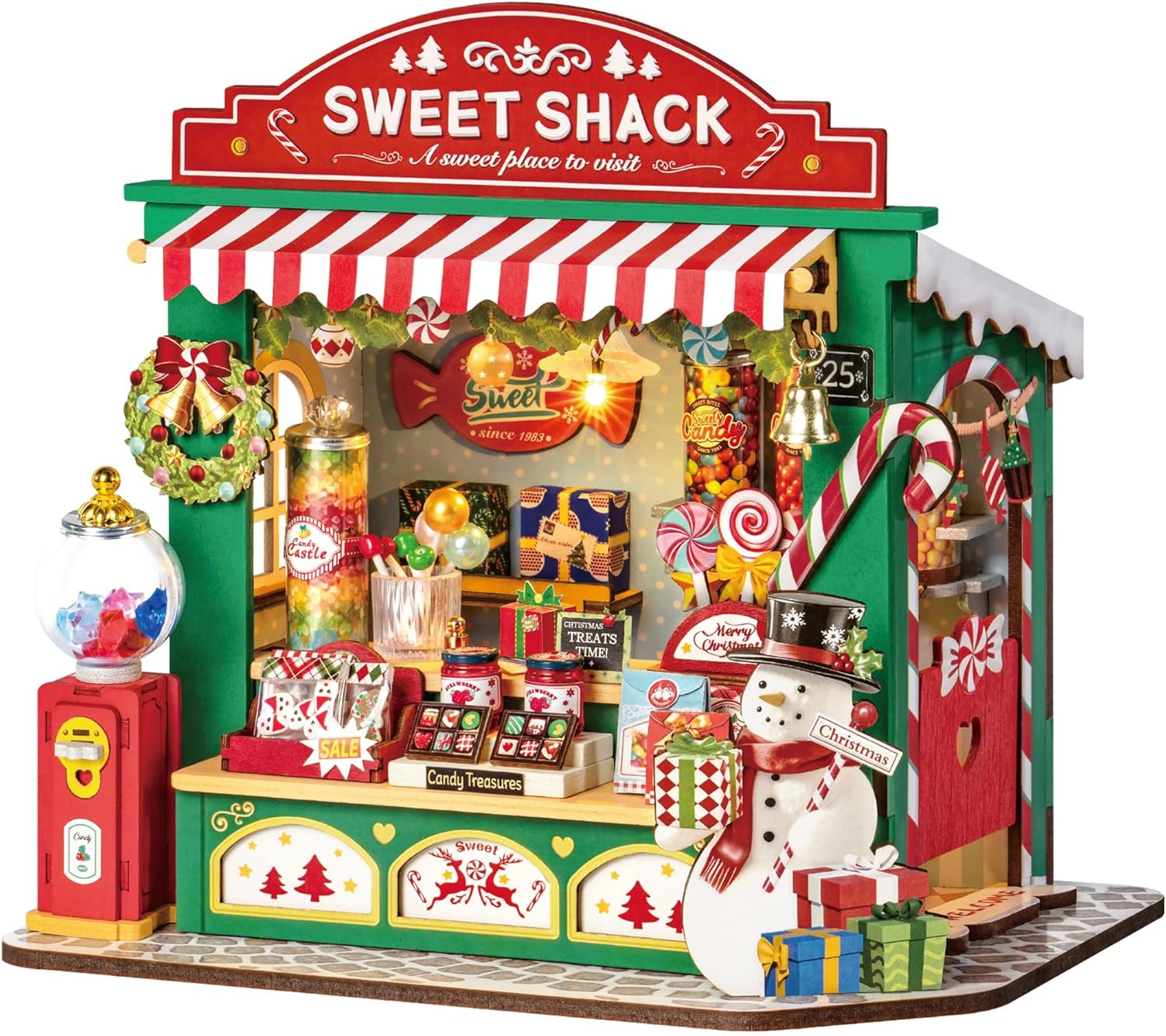 Rolife Miniature Model Kit Christmas Candy Stand Wooden Dollhouse Christmas Dolls House with Furniture Birthday Gift for Children and Adults Christmas Home Decoration
