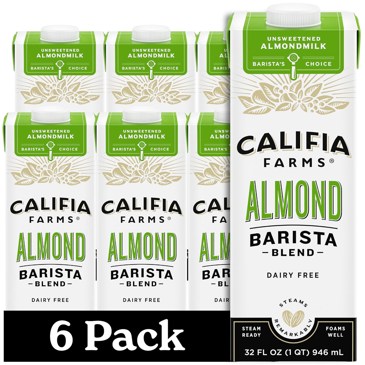 Califia Farms - Unsweetened Almond Barista Blend Almond Milk, 32 Oz (Pack Of 6), Shelf Stable, Dairy Free, Plant Based, Vegan, Gluten Free, Non GMO, Sugar Free, Milk Frother, Creamer