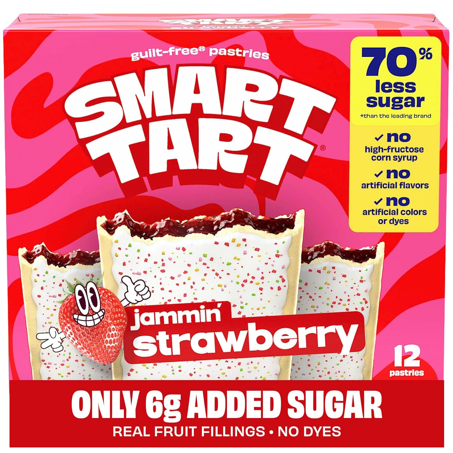 Smart Tart Toaster Pastries Frosted Strawberry - Low Sugar Snacks, Healthy Breakfast Pastry, On the Go Snack, Real Fruit Filling - Only 6g Added Sugar - 12 Count