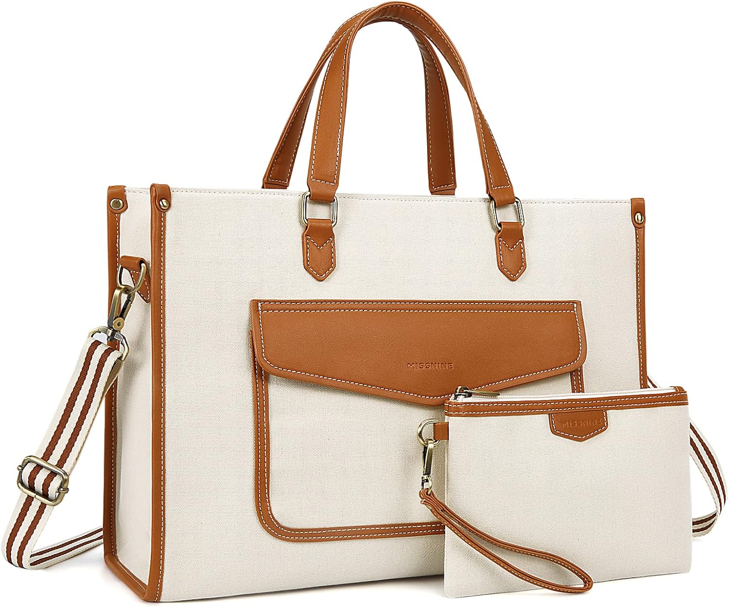 Missnine Tote Bag Canvas Laptop Bag for Women 15.6 inch Casual Work Bags with Clutch Purse Computer 2 PCS Set (Brown+beige_2pcs)