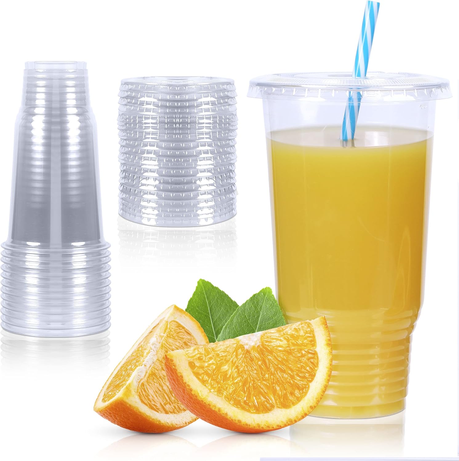 Upper Midland Products 32 OZ Cups and Lids, 50 Sets Large Plastic Disposable Clear Cups For Ice Coffee
