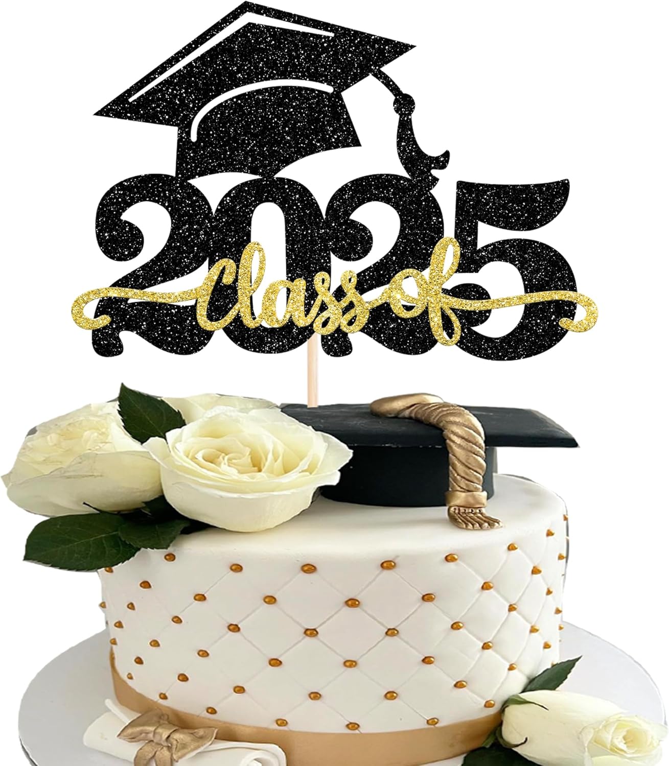 1 Pack Class of 2025 Cake Topper Glitter Congrats Grad Cap 2025 Graduation Cake Pick for 2025 Graduation Theme High School Boys Girls Graduate Party Cake Decorations Supplies Black Gold
