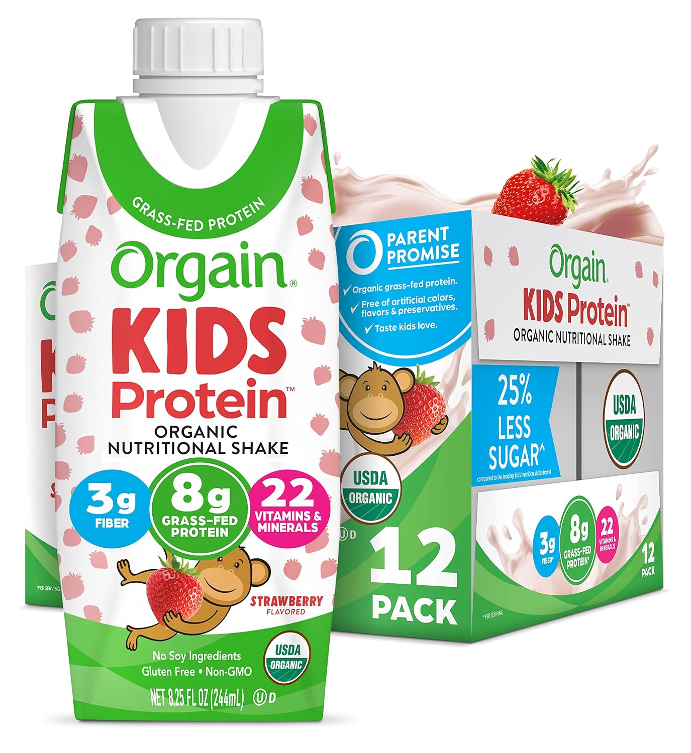 Orgain Organic Kids Nutritional Protein Shake, Strawberry, Healthy Kids Snacks, 8g Dairy Protein, 3g of Fiber, 22 Vitamins & Minerals, No Soy ingredients, Gluten Free, Non-GMO, 8.25 Fl Oz (Pack of 12)