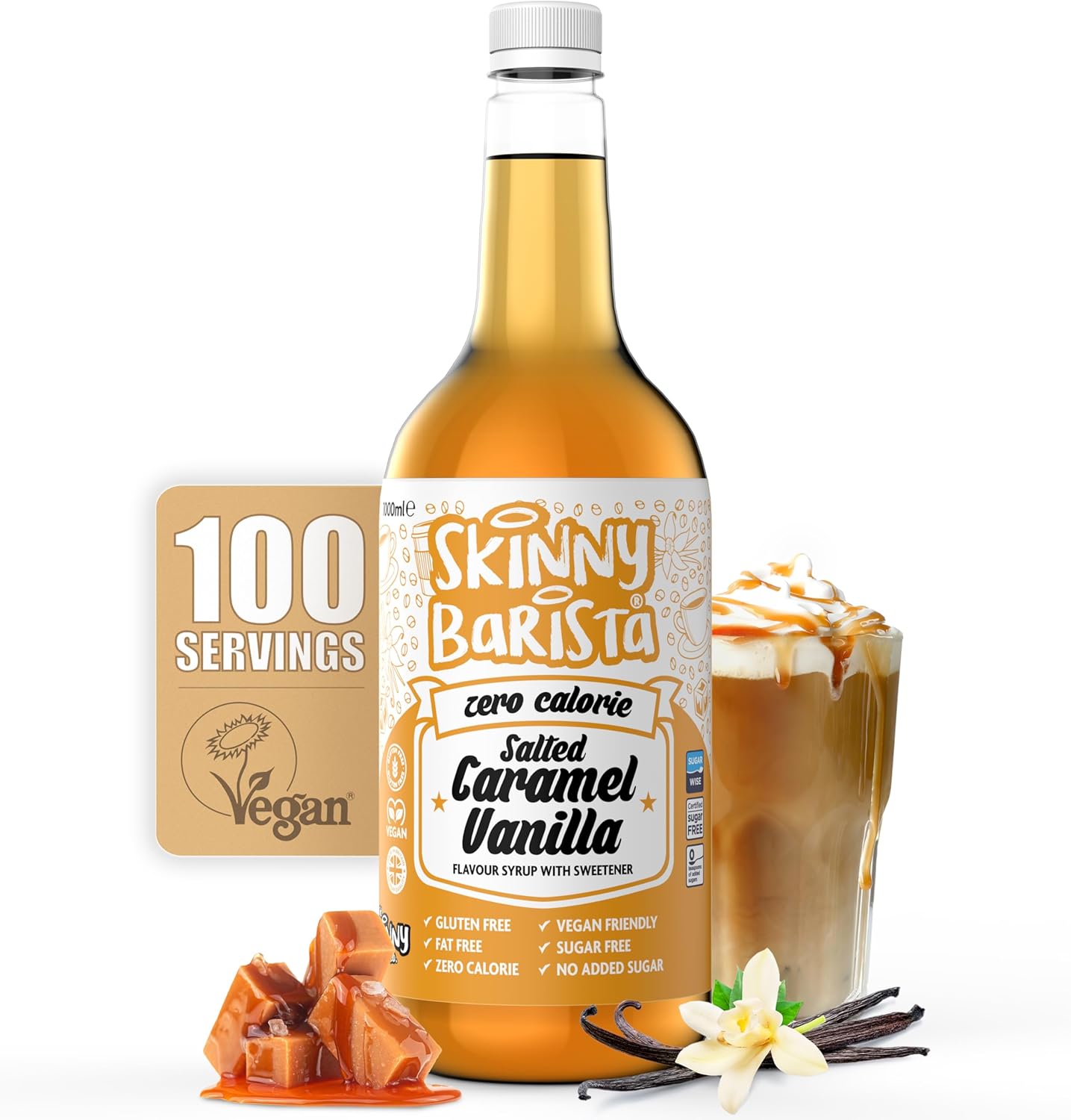 Skinny Food Co Salted Caramel Vanilla Syrup Zero Calorie 1L - Sugar Free Coffee Syrups for Tea, Hot Chocolate, Baking, Protein Drinks - Vegan, Gluten-Free & Fat-Free - Syrups For Coffee Drinks