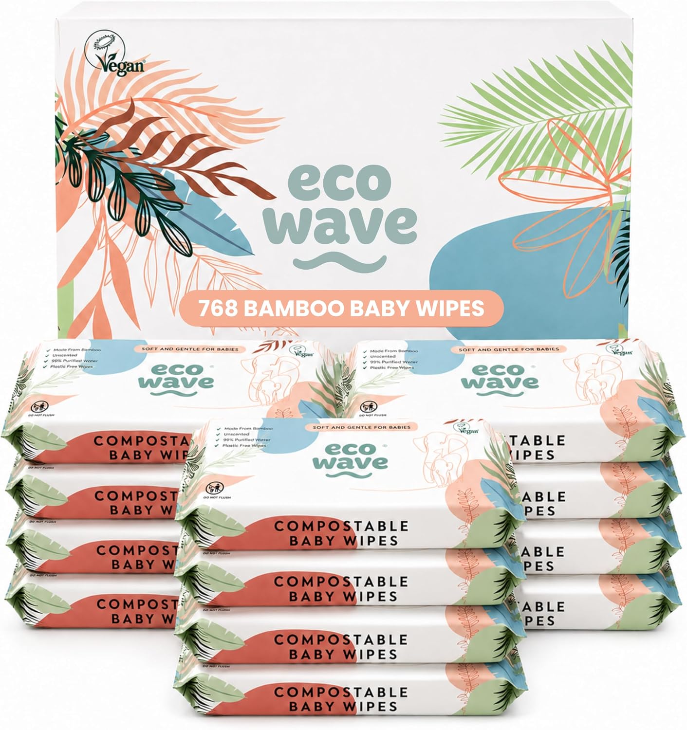 Eco Wave Bamboo Baby Wipes, Unscented, Sensitive Skin, Compostable