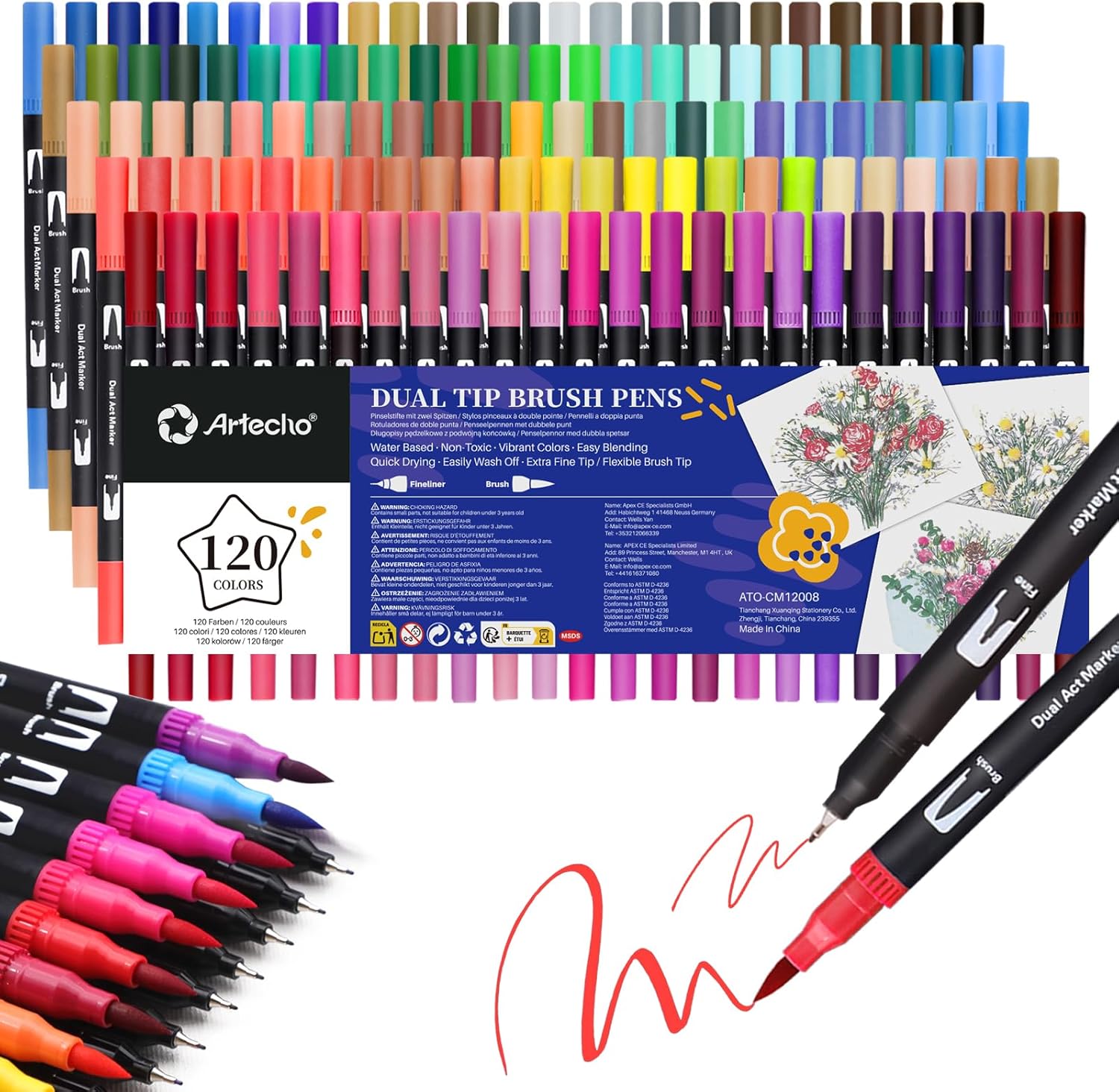 Artecho 120 Colors Markers for Adult Coloring Books No Bleeding, Dual Tip Markers for School, Fine and Brush Tip for Adults Coloring Books, Calligraphy, Drawing, Sketching