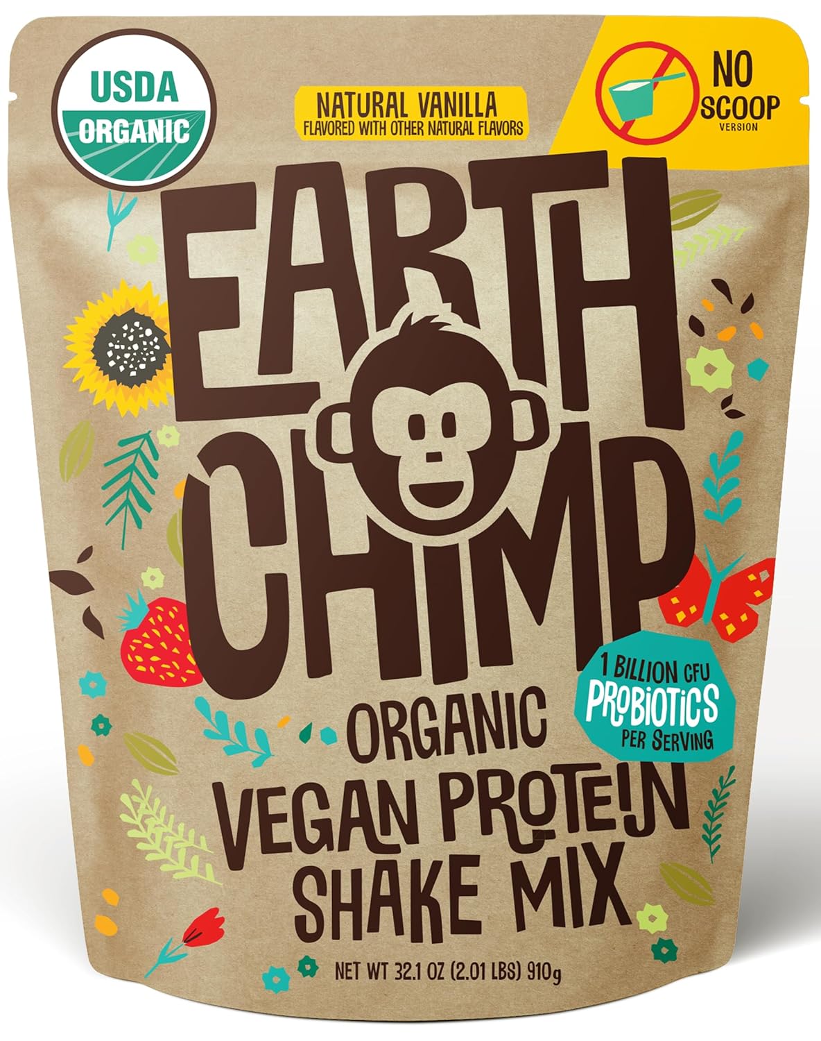 Organic Vegan Protein Powder - with Probiotics - Non GMO, Dairy Free, Non Whey, Plant Based Protein Powder for Women and Men, Gluten Free - 26 Servings 32 Oz (Vanilla) No Scoop