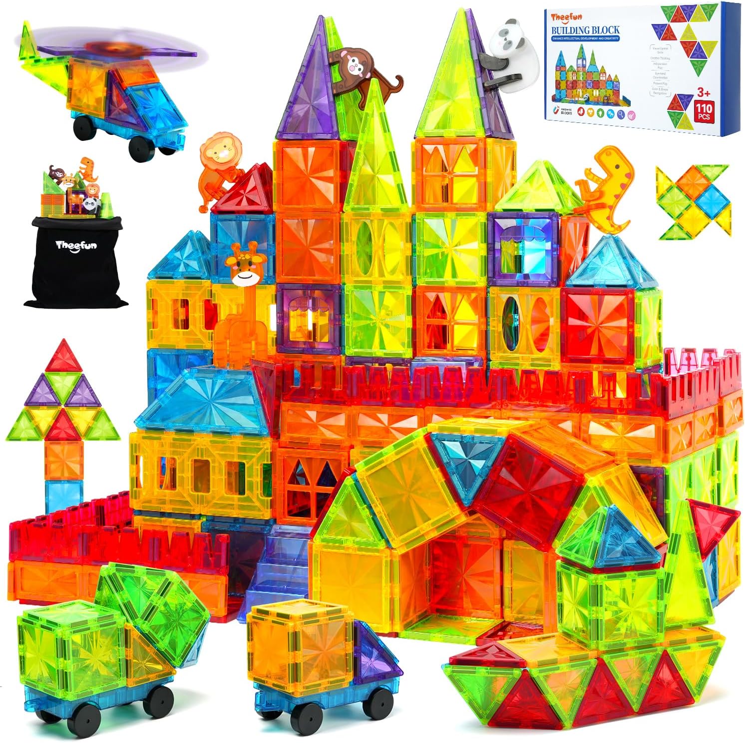 Magnetic Tiles 110PCS 3D Animals Magnet Tiles with 2 Cars Kids Magnetic Building Blocks STEM Educational Magnet Toy Construction Playboards Toys Gifts for Boys Girls Toddlers 3 4 5 6 7 8 9 Year Old