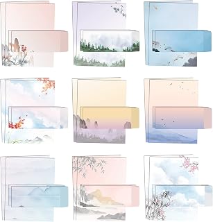 Better Office Products Japanese Watercolor Stationery Paper Set, 100 Piece Set (50 Sheets + 50 Matching Envelopes), Letter Size 8.5 x 11 inch, 9 Designs, Double Sided Printing Paper,