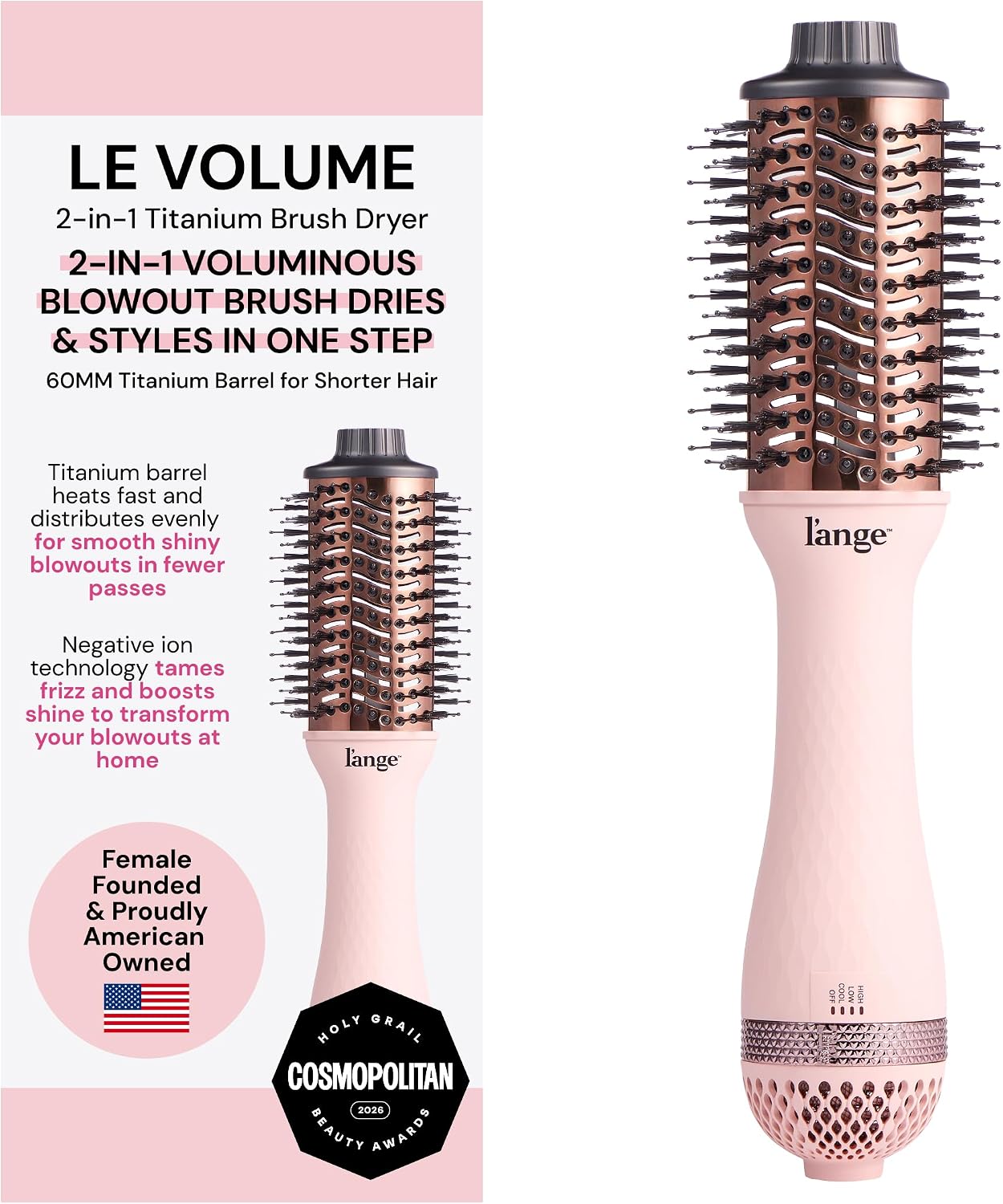 L'ANGE HAIR Le Volume 2-in-1 Titanium Blow Dryer Brush | Frizz Control Blowout Hair Dryer Brush for Drying and Styling | Volumizing Hot Air Styler for All Hairstyles | Oval Barrel | Blush - 60mm