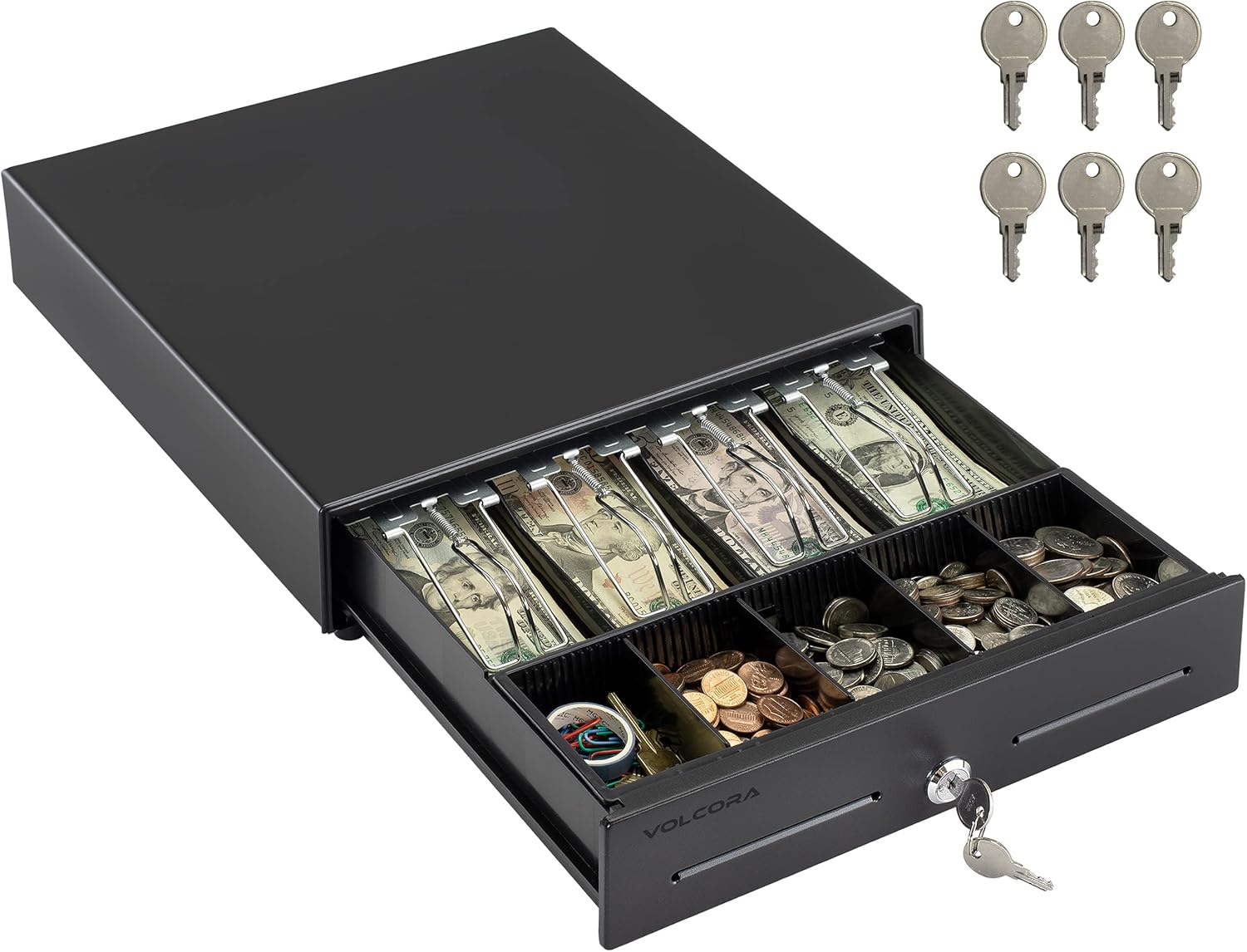 Volcora 13" Electronic Cash Register Drawer for Point of Sale (POS) System with 4 Bill 5 Coin Cash Tray, Removable Coin Compartment, 24V, RJ11/RJ12 Key-Lock, Media Slot, Black - for Small Businesses