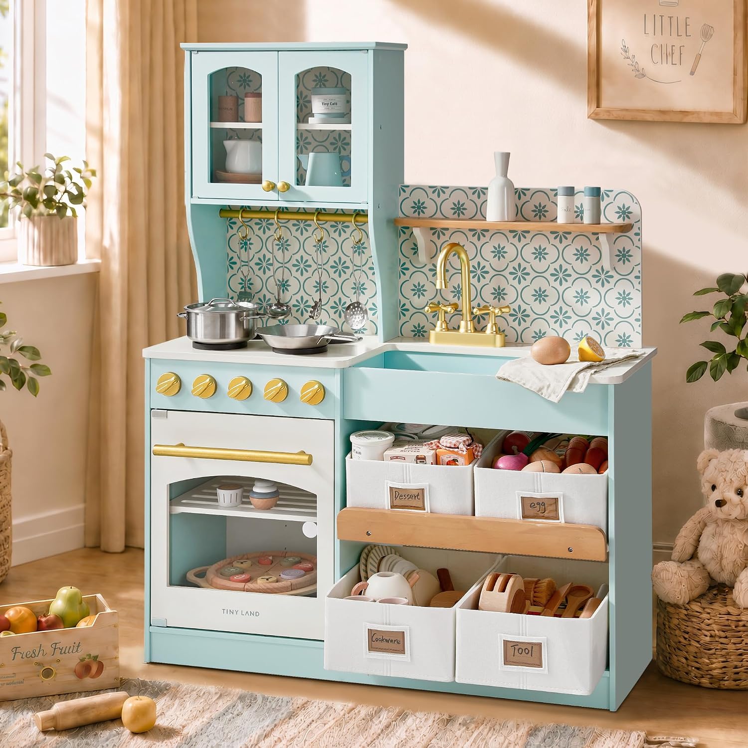 Tiny Land Wooden Play Kitchen for Kids with Toy Storage for Pretend Play