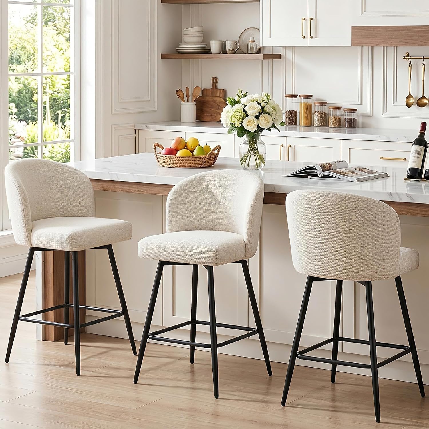 Counter Height Bar Stools Set of 3, 360° Swivel Upholstered Barstools with Backs and Metal Legs, 26" H Seat Height, Linen Fabric in Beige