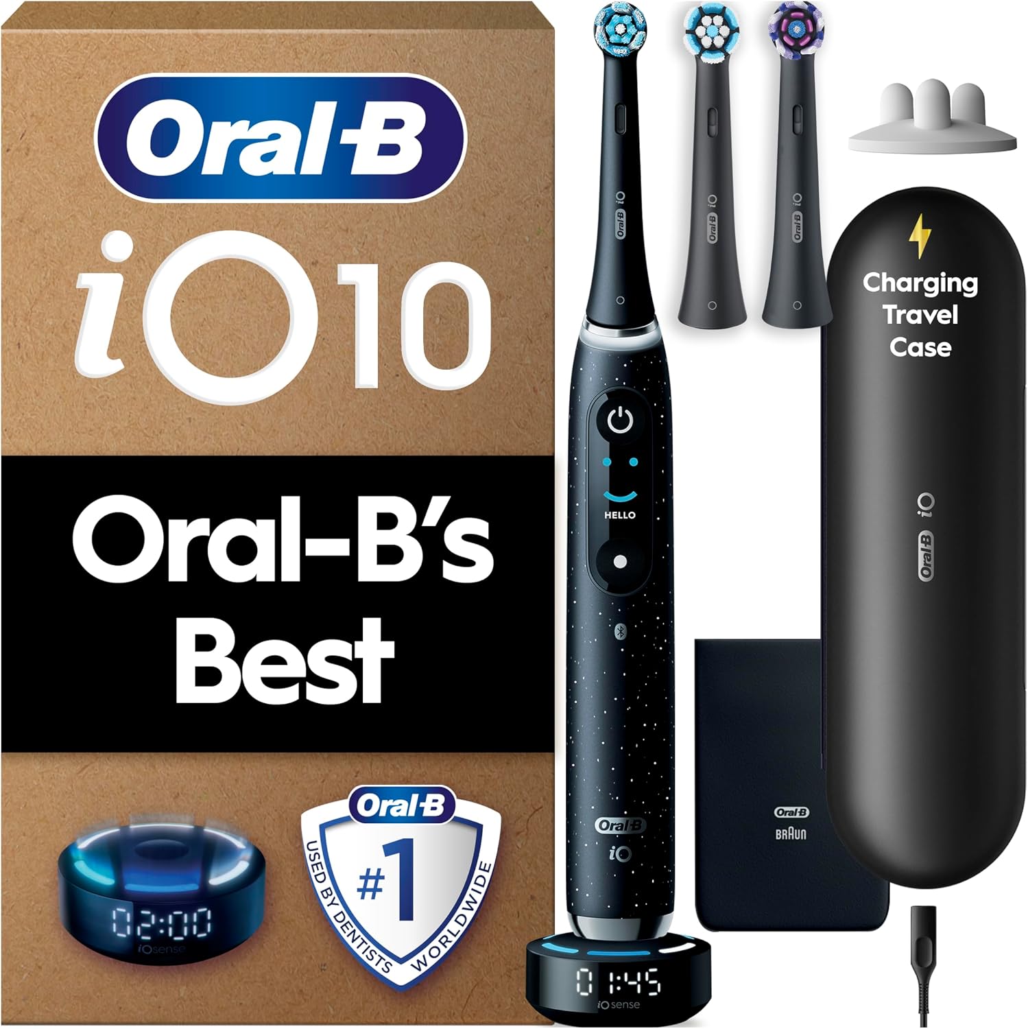 Oral-B iO10 Electric Toothbrush for Adults, 1 Handle, Cosmic Black - 3 Brush Heads, Charging Travel Case, Toothbrush Head Holder, 7 Modes, UK Two Pin Plug, Gifts for Women / Men