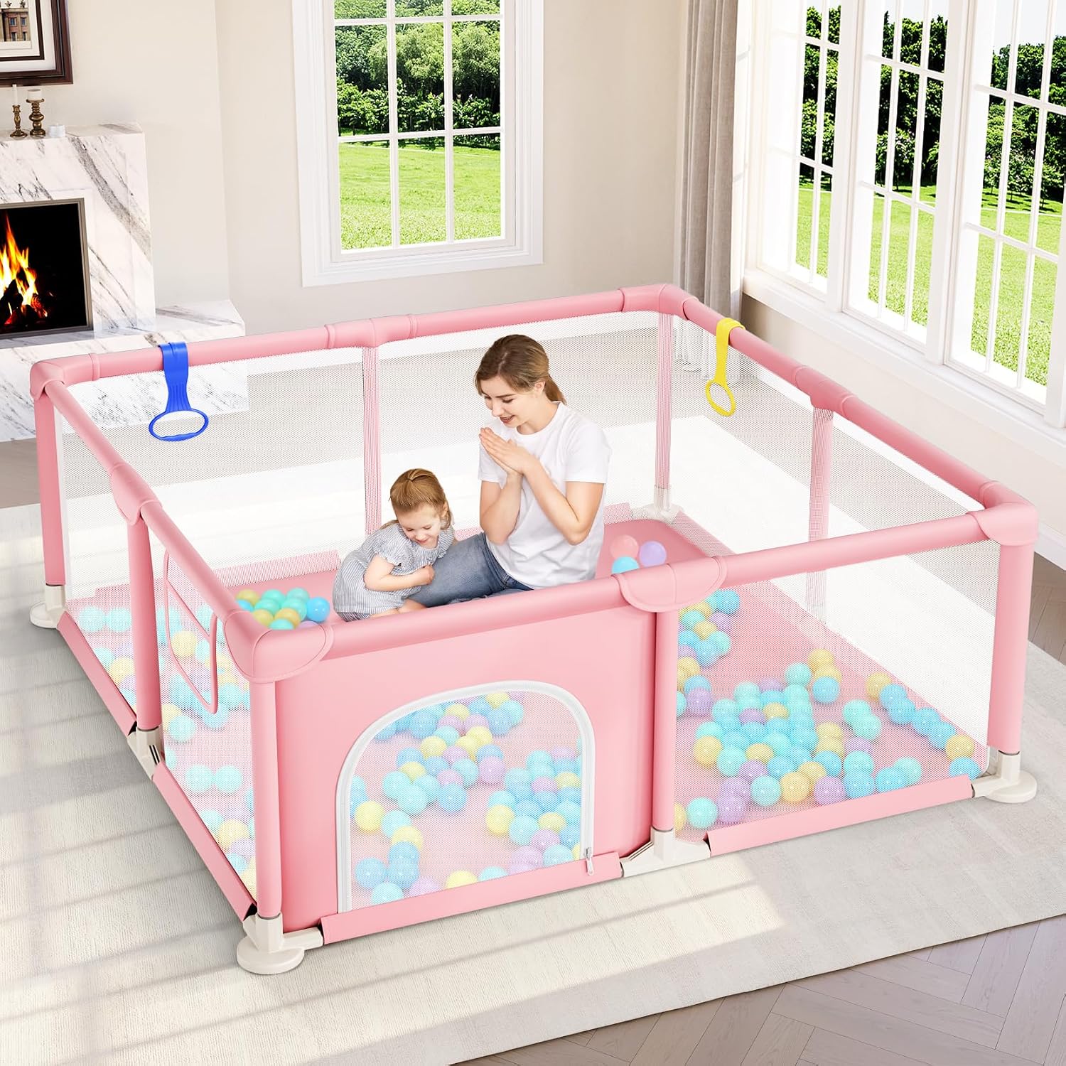 Dripex Baby Playpen, Sturdy Playpens for Baby and Toddlers, Portable Kids Play Pen Babies and Toddlers with Breathable Mesh & Pull-up Rings, Compact Small Playpen and Babies Fence Indoor Outdoor(Pink)