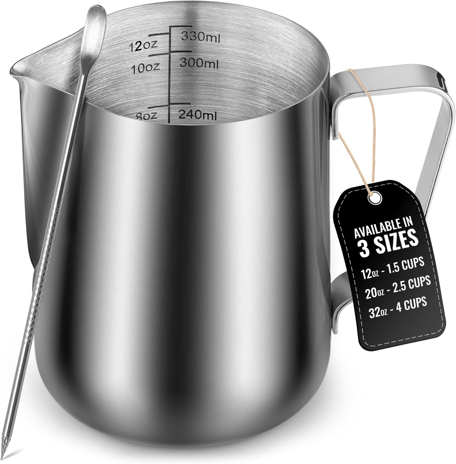 Milk Frothing Pitcher Stainless Steel – Milk Frother Steamer Cup - Easy Creamer Measurements - Foam Making for Coffee, Matcha, Cappuccino - 12oz/350ml