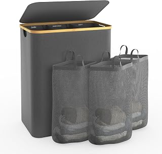 Laundry Hamper with Lid, 145L Extra Large Hamper 3 Section Dirty Clothes Hampers for Divided Basket Organizer for Bedroom,Laundry Room,Grey