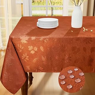 Smiry Thanksgiving Tablecloth 60x84 Inch, Fall Waterproof Damask Table Cloth for Rectangle Table, Autumn Leaves Fabric Jacquard Table Covers for Harvest Parties, and Holiday Dinner, Rust