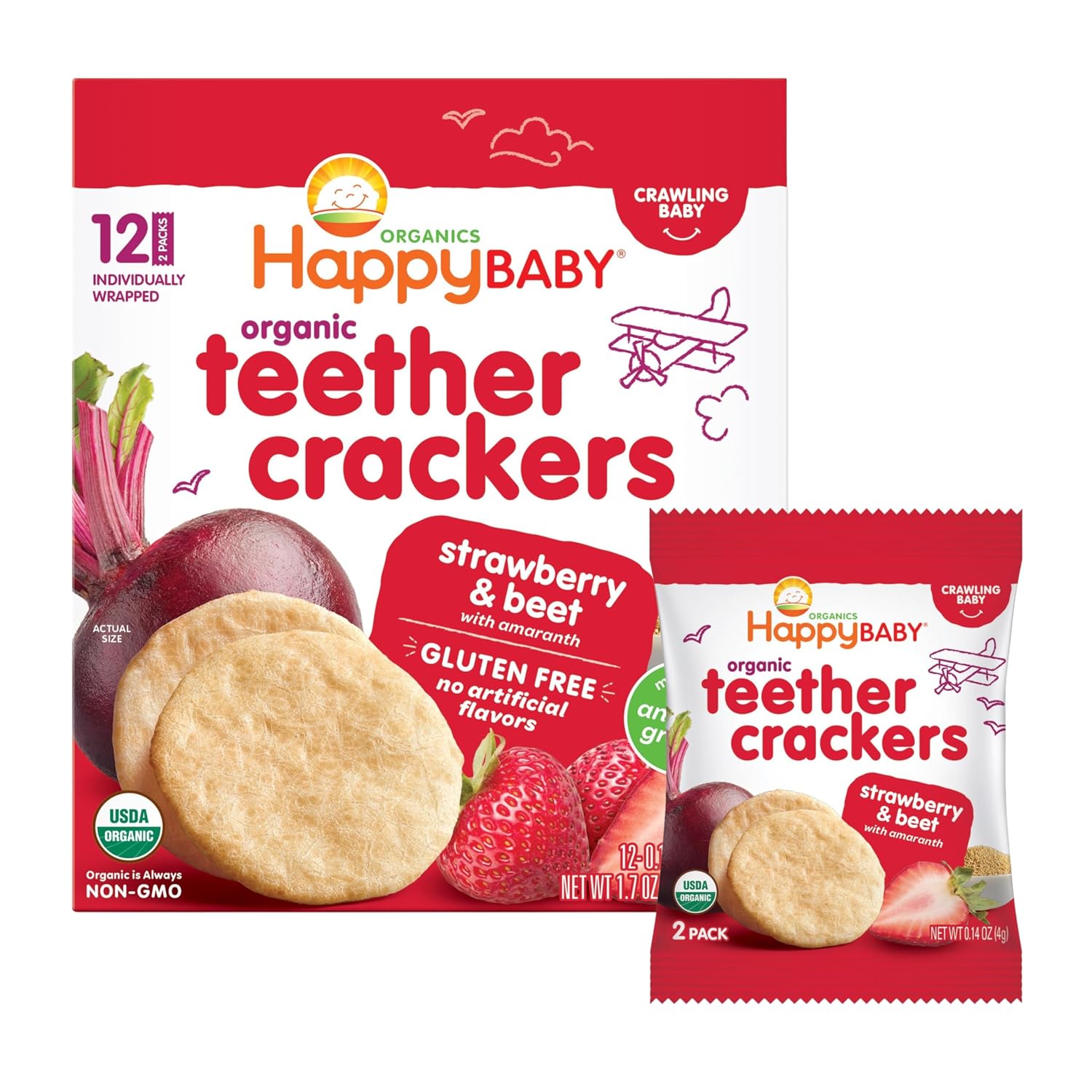 HAPPY BABY Teething Crackers, Strawberry & Beet, Gluten-Free, 12ct (6 Pack)