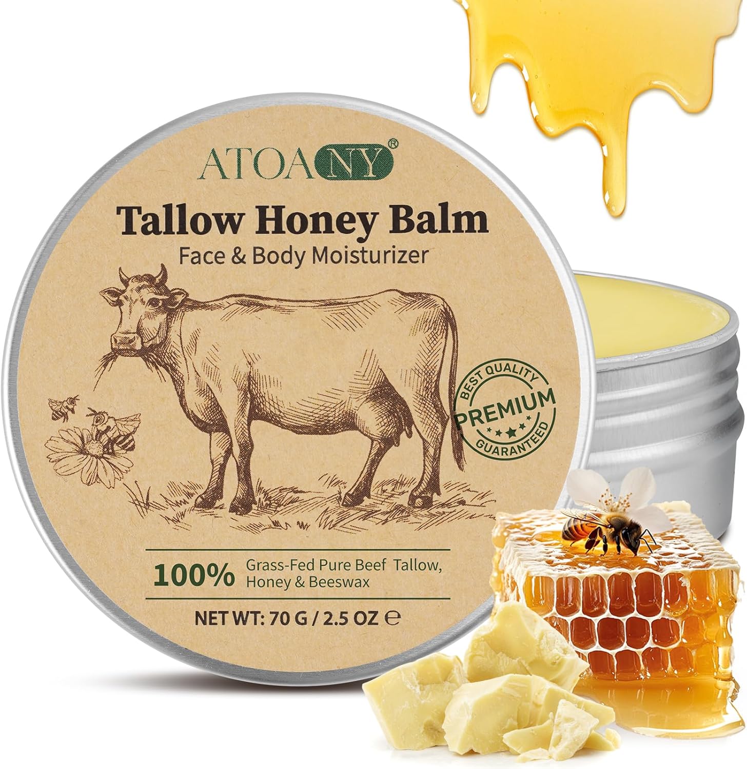 Tallow and Honey Balm, Deeply Moisturizing for Face & Body, Tallow Face Moisturizer, Grass-Fed Beef Tallow for Skin, Soothing All-Natural Moisturizer for Dry and Sensitive Skin, 2.5 oz
